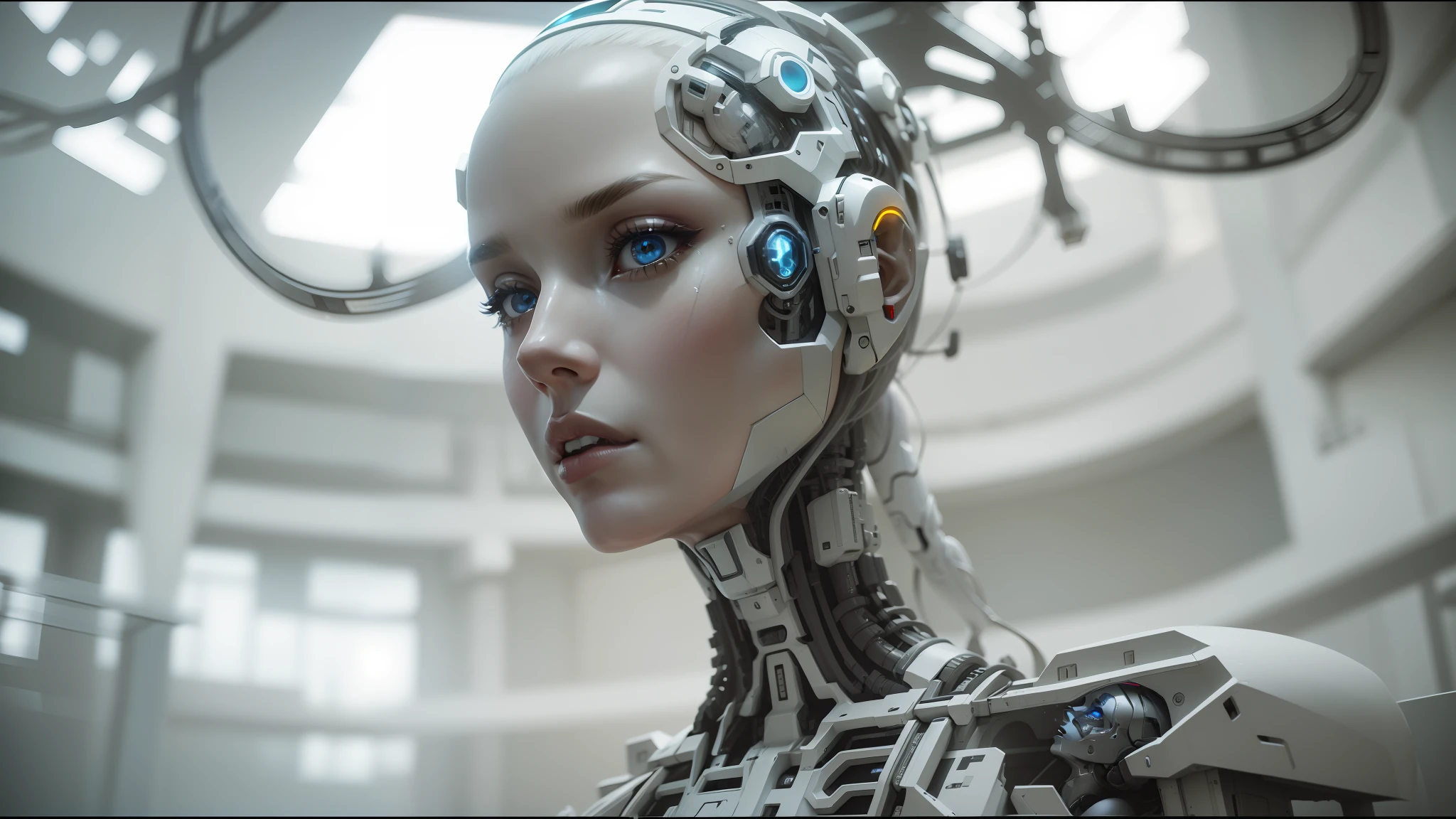 arafed woman with a robotic head and neck in a building, masterpiece ; behance hd, japanese vfx, cinematic. white, a cyborg, inspired by Serge Sudeikin, rendering of beauty pageant, neuromancer, glass cyborg, cyborg wing --ar 16:9 --auto --s2
