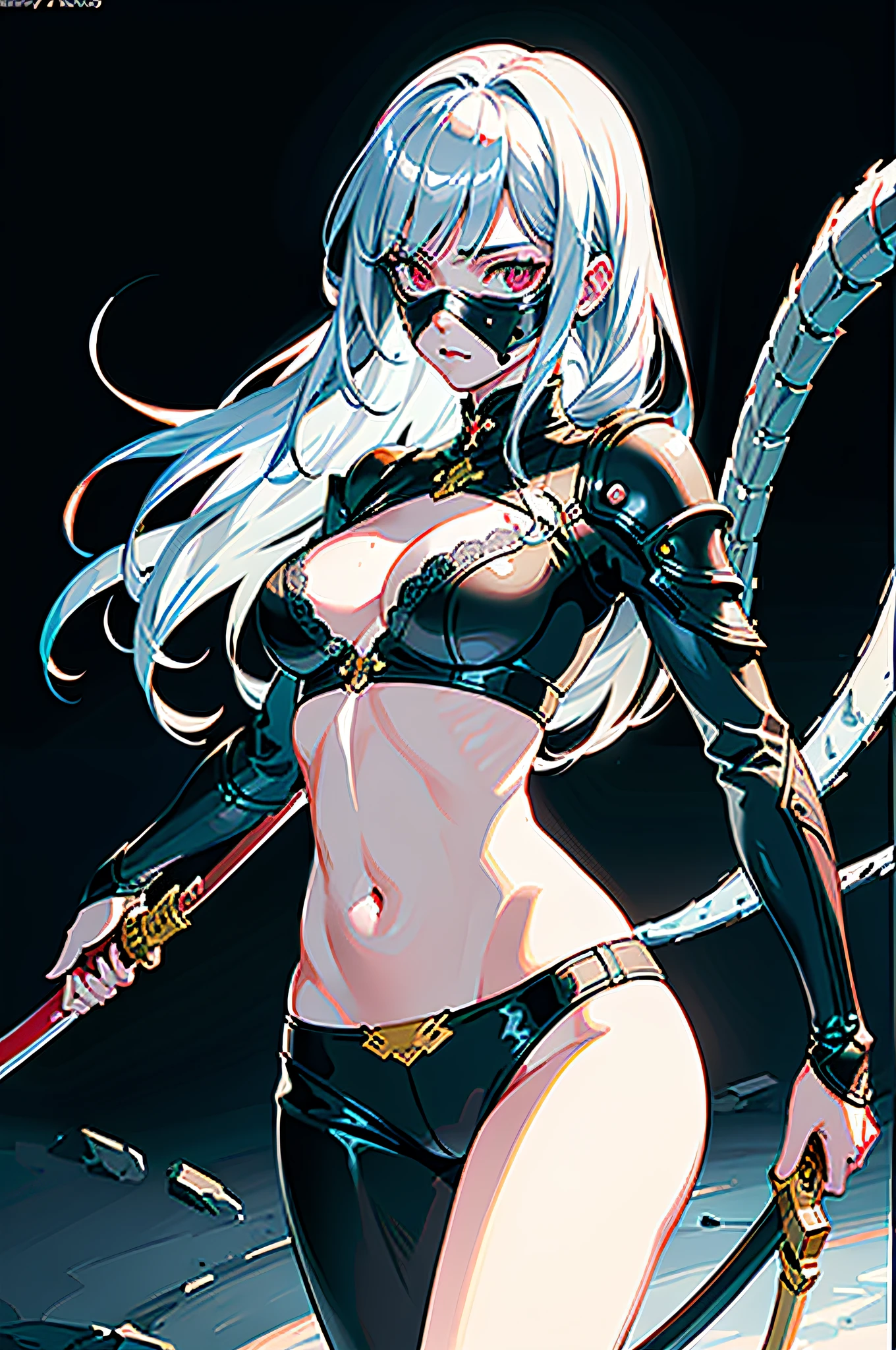 ((Masterpiece)), (((Best Quality))), ((Super Detail)), ((Illustration)), ((Semi-Real), (Reflection), Armor made of snakes, Sharp Focus, Front lighting, Intense shadows, (Beautiful Eyes of Detail), Eyelashes, (Very Delicate and Beautiful Girl), ((Red Eye)), Silver hair, (Jacket), (Pants), Long hair, (Wielding a sword), ((Detailed eyes)), (Cold Blood), Medium chest, shiny skin, belly button and lower breasts, cinematic lighting mask, ray tracing, depth of field, dynamic angle, viewer view, ((epic background)), (face blood 1.2), (difficulty 1.4)