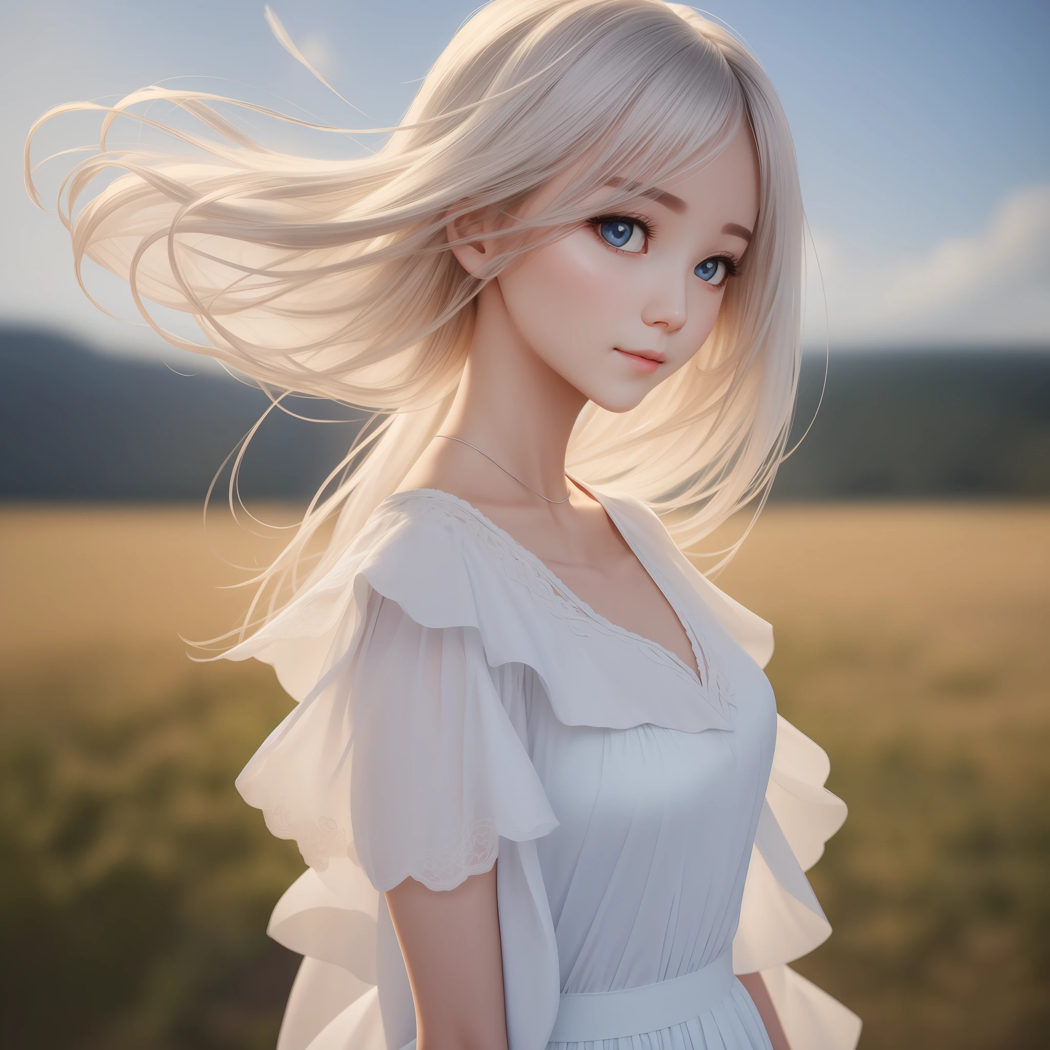 White dress trailing long skirt model, high-definition, shot, Real lighting, 4K perfect face, delicate face, beautiful eyes, beautiful face, real skin texture, (brightening: 1.3), idol, (abs), ulzzang-6500-v1.1, soft smile, (simple background), (dark background), (depth of field), close-up Selfie