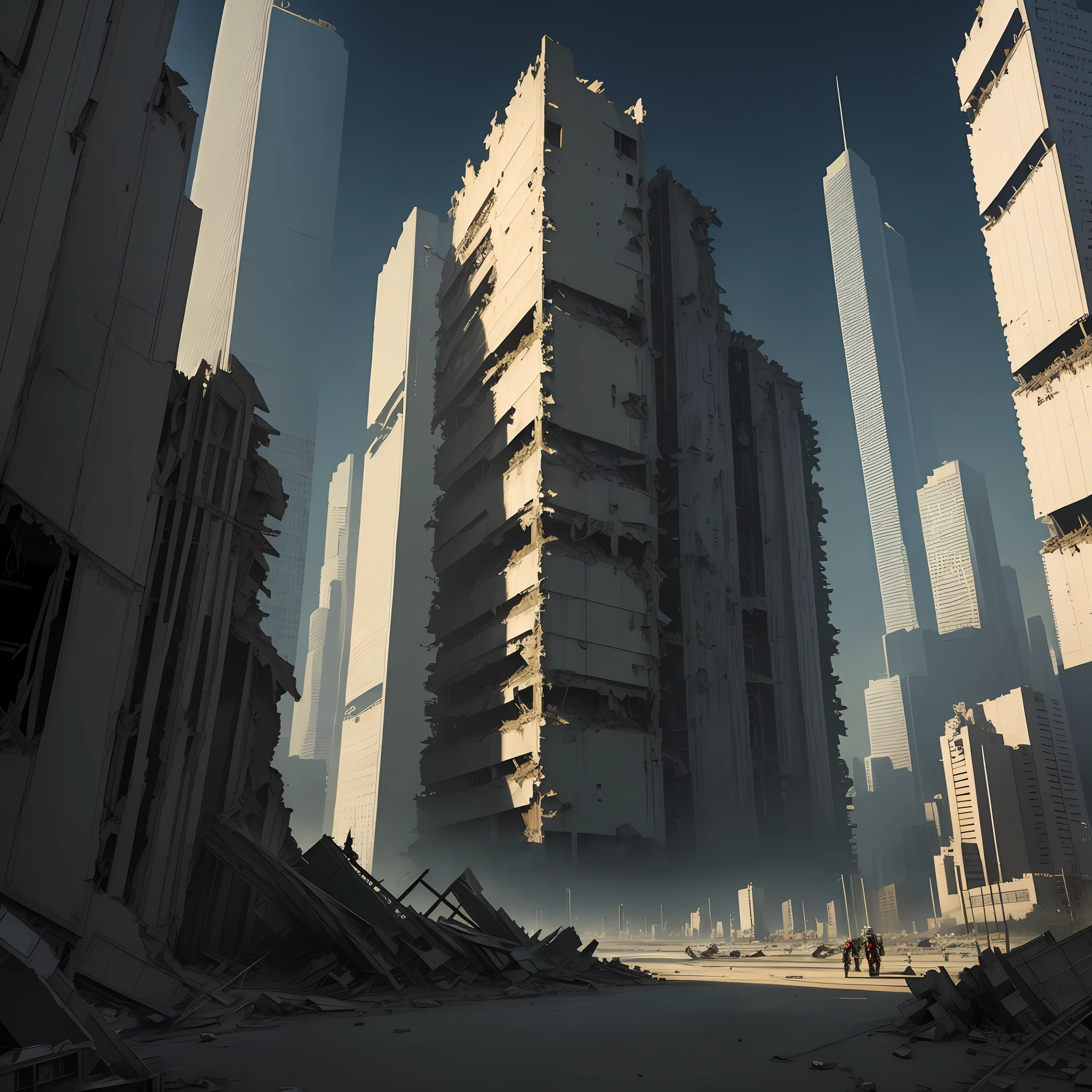 gundam, futuristic city, ruins, collapsed buildings, night, movie texture