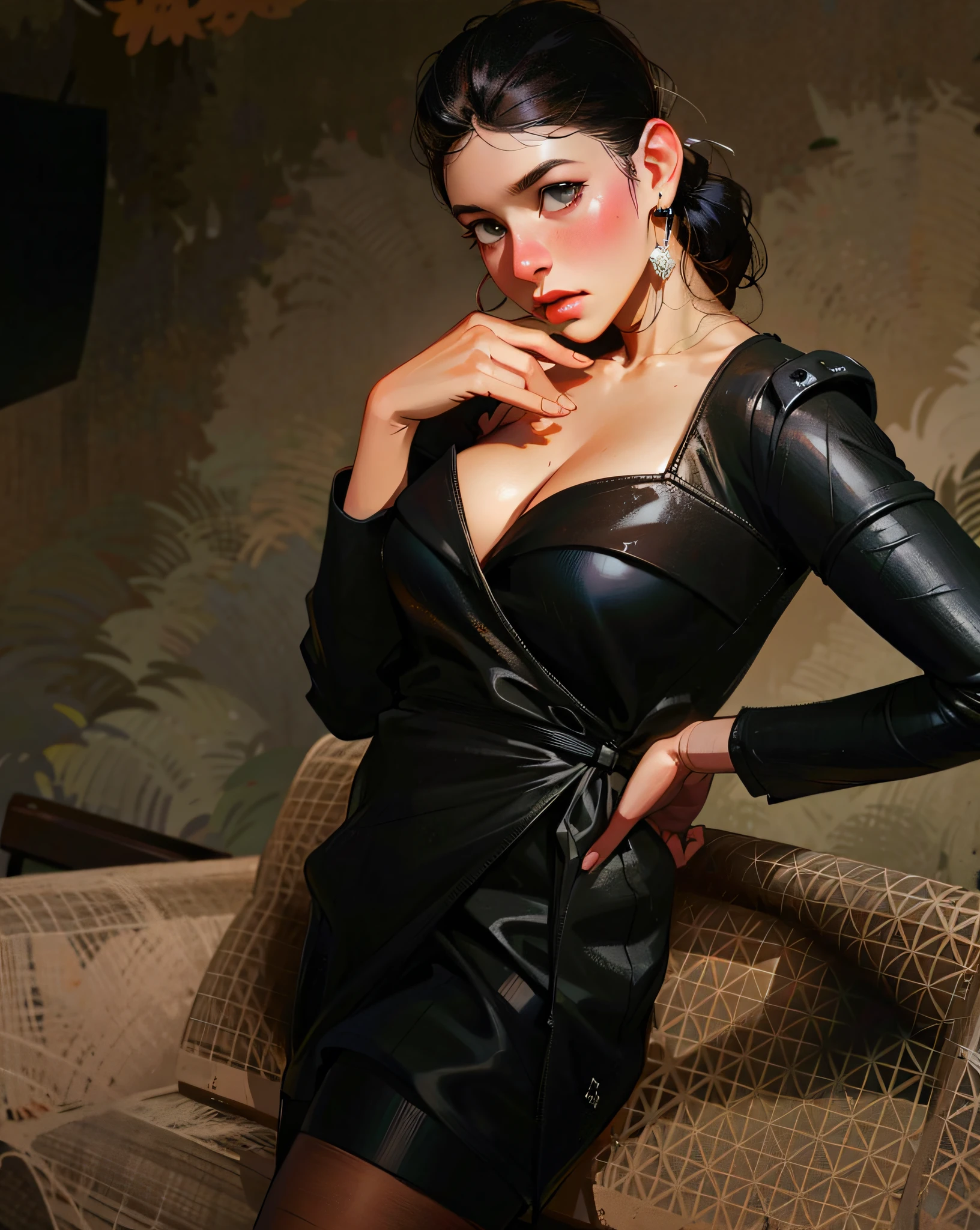 a hyper-realistic portrait of a young woman, half asleep, under a tree, inside a forest, in the middle of nature, 22 years old, realistic, (lying on her side), she is wearing a red panties, (wearing a garter belt and black pantyhose), sexy, (huge breasts 2:1), torn, (all torn), short brown hair, (hair tied with bows), curved, SFW