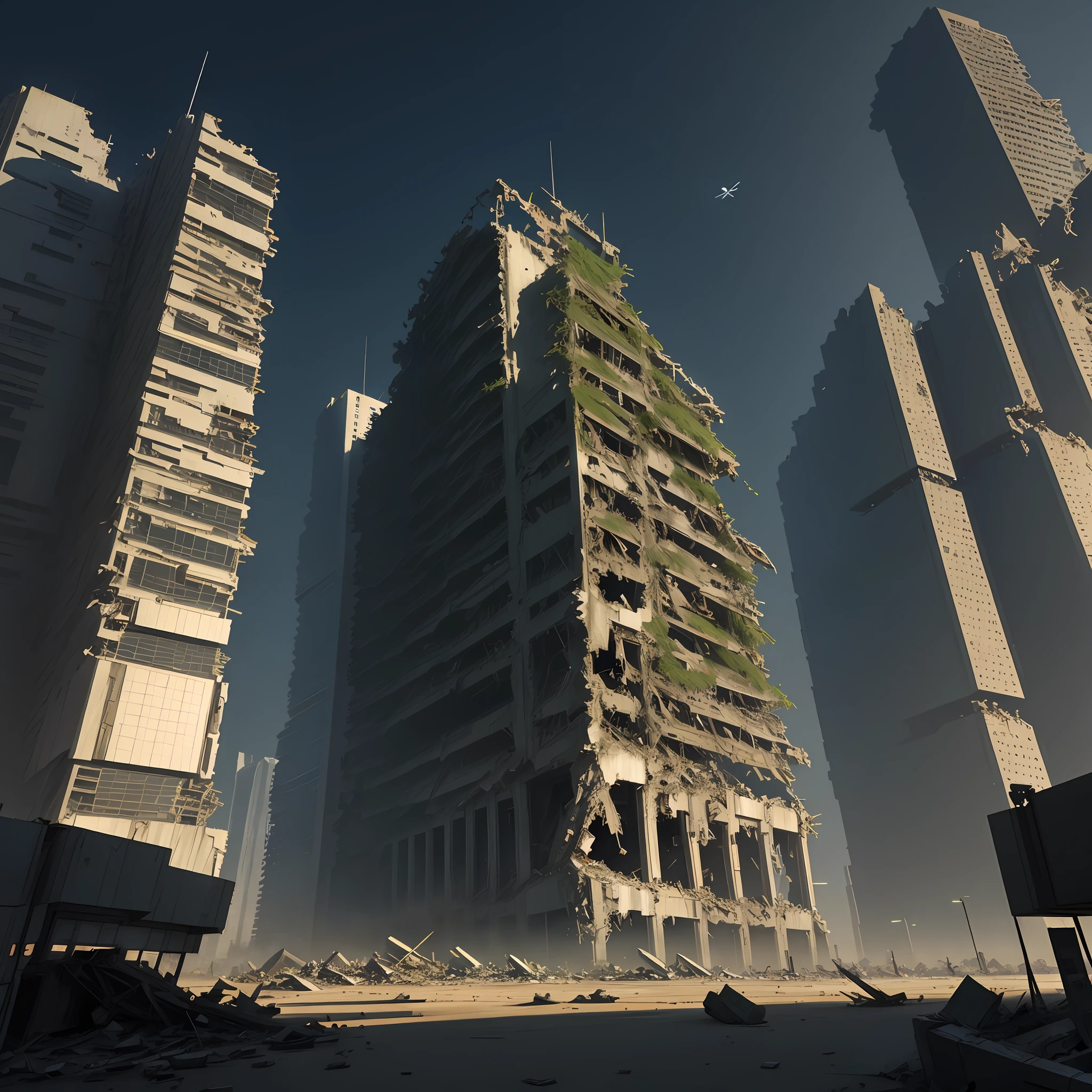 gundam, futuristic city, ruins, collapsed buildings, night, movie texture
