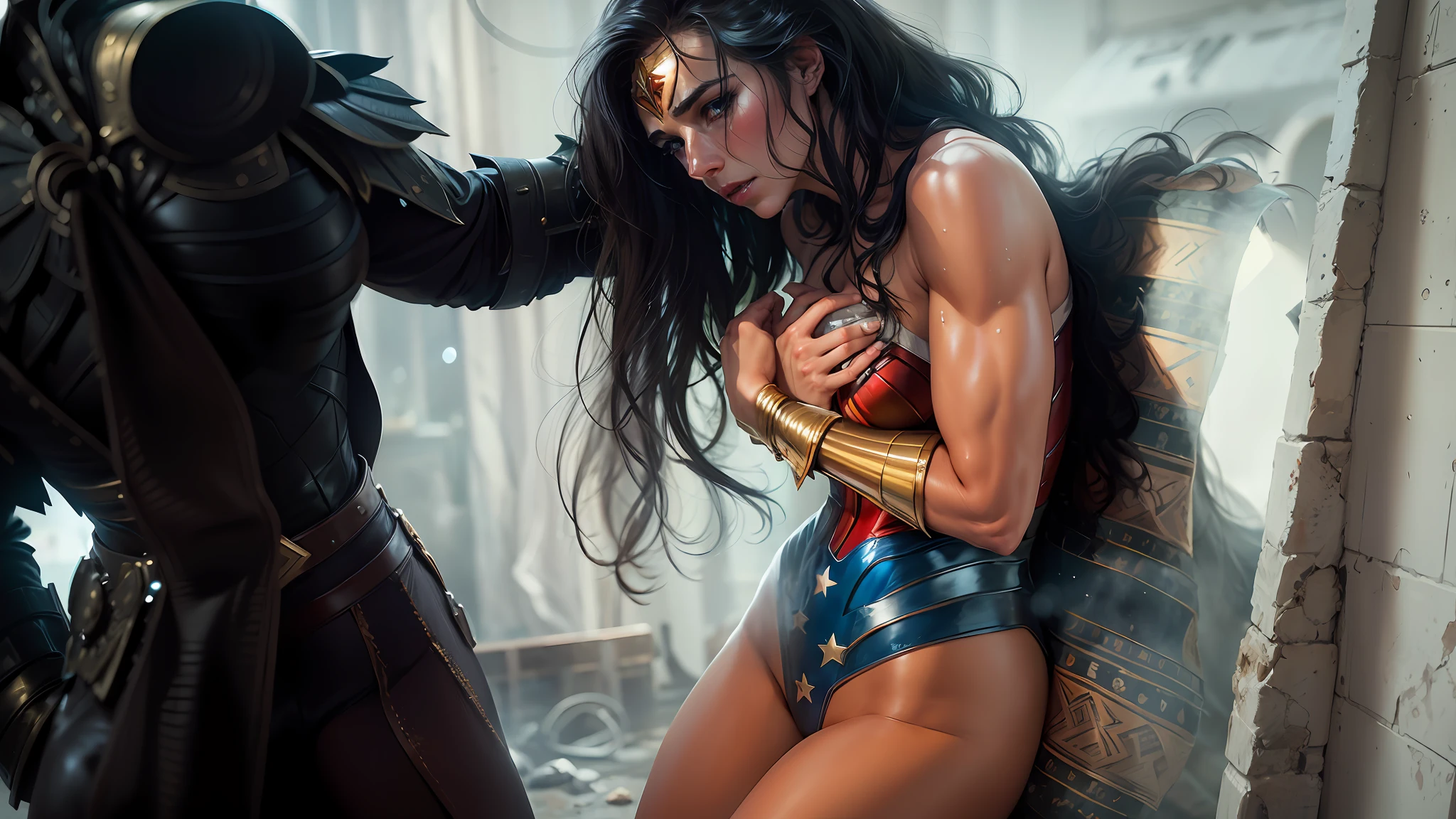 The man and Wonder Woman are dressed in costumes standing next to each other, Wonder Woman has her hands on her chest, the man is dressed in black, the man is holding Wonder Woman's head with his hands, Wonder Woman is standing against the wall, full scene shots, powerful scenes, amouranth as supervillains, Wonder Woman, superheroine costumes ((highest quality)), (4K, highly detailed and high-detail RAW color photos, masterpieces: 1.2), (realistic and realistic photos: 1.37), Global Lighting,  Reality lighting, photon mapping, physics-based rendering, Wonder Woman, gritting teeth, frowning, pain, deep breathing, eye half-life, (intricate details, makeup), (delicate and beautiful delicate face, delicate and beautiful delicate eyes, perfectly proportioned face), (realistically moist skin: 1.2), (drenched body: 1.2), (wet skin), wet hair, delicate skin, strong and realistic blue eyes, realistic black hair, lips, makeup, natural skin texture,  Tiaras, jewelry, stars \(symbol\), leotards, bulletproof gauntlets, red boots, golden belts, (public clothing: 1.5), bare shoulders, slightly sunburned complexion, mature, sexy, elastic muscles, (muscles:1.2), ((strong and healthy body)), (((more) muscles))), long legs, curves, (big breasts: 1.3), thin waist, soft waist, (delicate skin), (beautiful and sexy woman), (swollen lips: 0.9), (eyelashes: 1.2), very delicate muscles, ((dirty)),