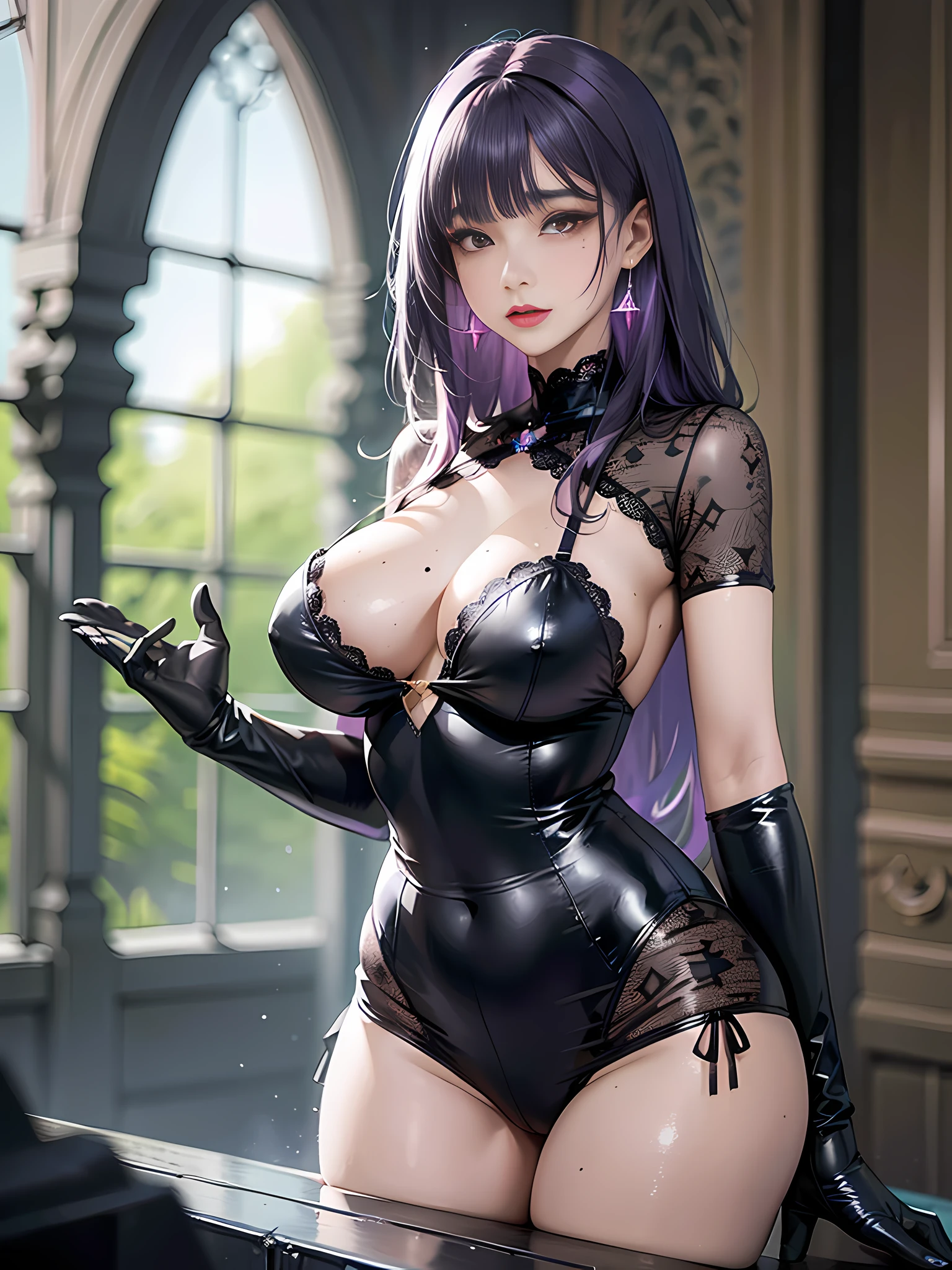 Black lace dress, Black stockings, Black lace gloves, big boob, Underwater church, Building ruins, soaked, Shiny skin, fog, Moisture skin, sexy action, purple hair, blunt bangs, very long hair, mole under mouth, mole under eye, red eyes, earrings, makeup, blush, torogao, jewelry, ray tracing, dutch angle, Sony FE GM, masterpiece, best quality, high quality, high details, super detail, anatomically correct, textured skin, highres, 4K, 8k, HD, UHD