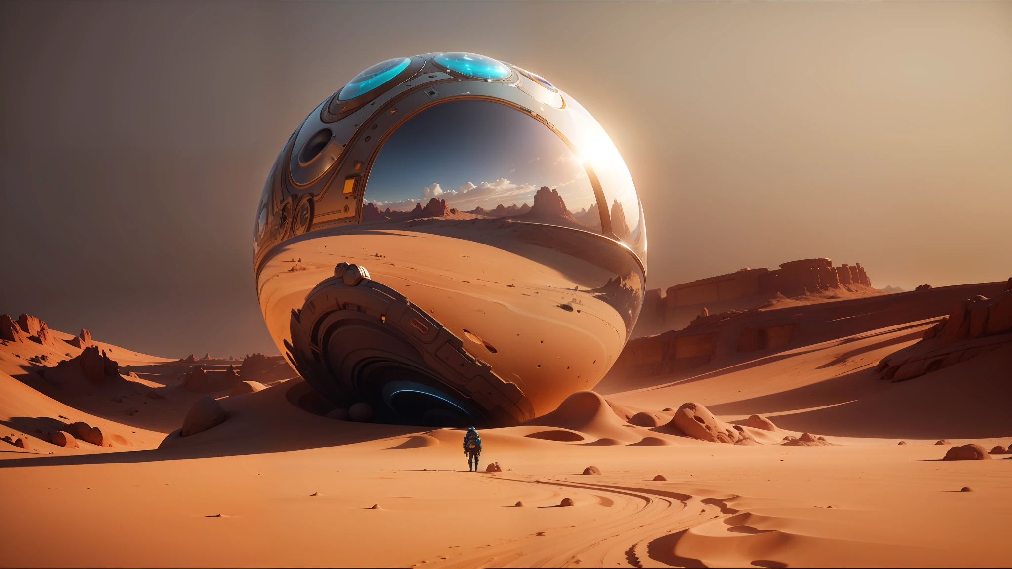 there is a large shiny object in the desert with a person walking by, cinema 4 d art, trending on artstaion, metallic reflections, the orb of eternity, dune (2021), james jean soft light 4 k, anamorphic, inspired by Nikolaj Abraham Abildgaard, highly reflective, andree wallin, from a 2 0 1 9 sci fi 8 k movie --auto --s2