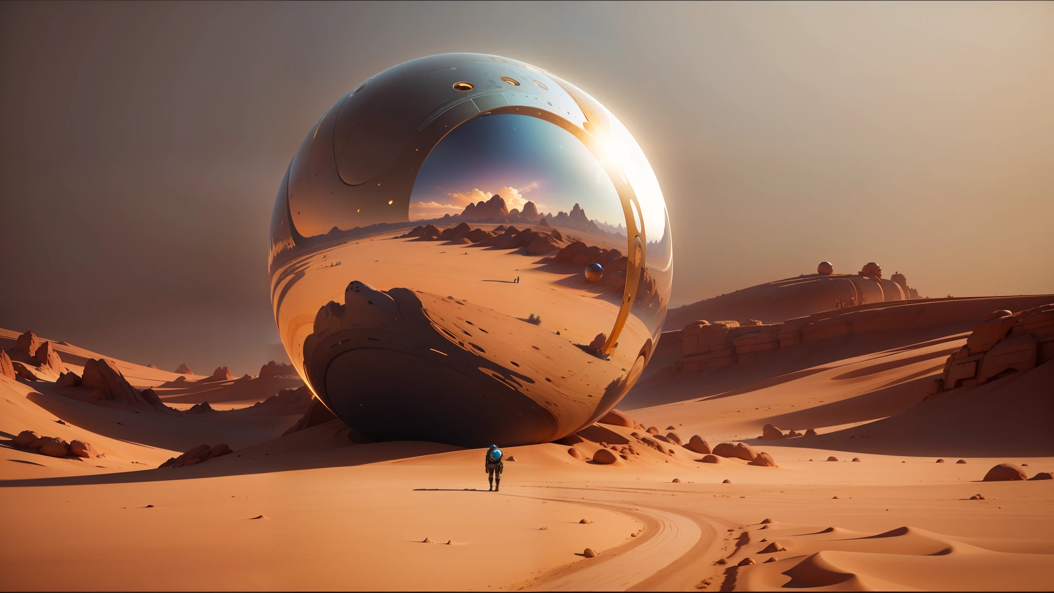 there is a large shiny object in the desert with a person walking by, cinema 4 d art, trending on artstaion, metallic reflections, the orb of eternity, dune (2021), james jean soft light 4 k, anamorphic, inspired by Nikolaj Abraham Abildgaard, highly reflective, andree wallin, from a 2 0 1 9 sci fi 8 k movie --auto --s2