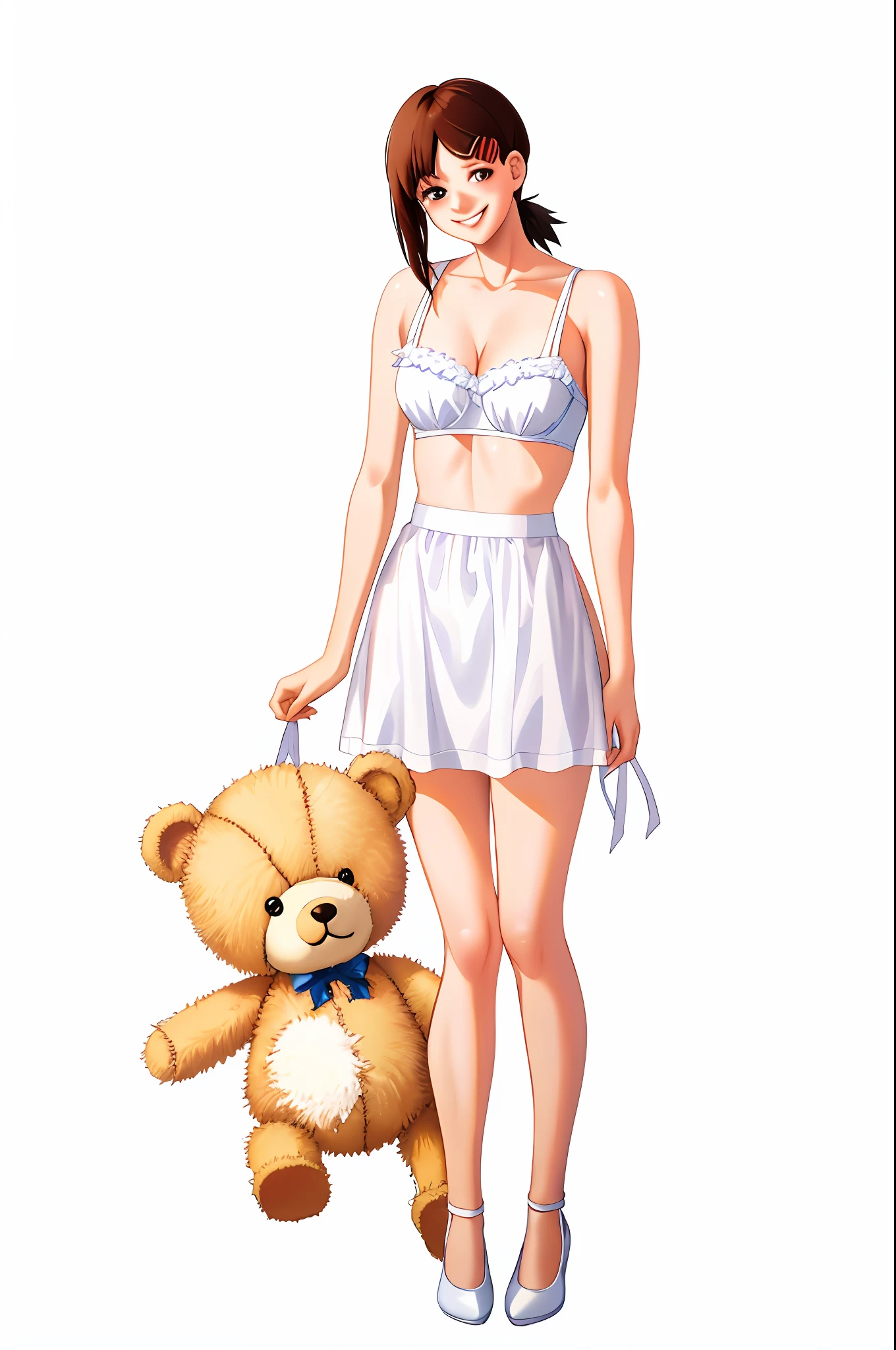 Woman in white  holding a teddy bear and smiling, dark hair,shy, Barbie doll in panties and bra, holding a teddy bear, teddy bear, woman holding more toys, stuffed toy, full body wide plane, tanned, toy commercial photo, wearing white camisole, on a mannequin. High Resolution, Teddy Bear, 2 4 Year Old Female Model, Stuffed Animal