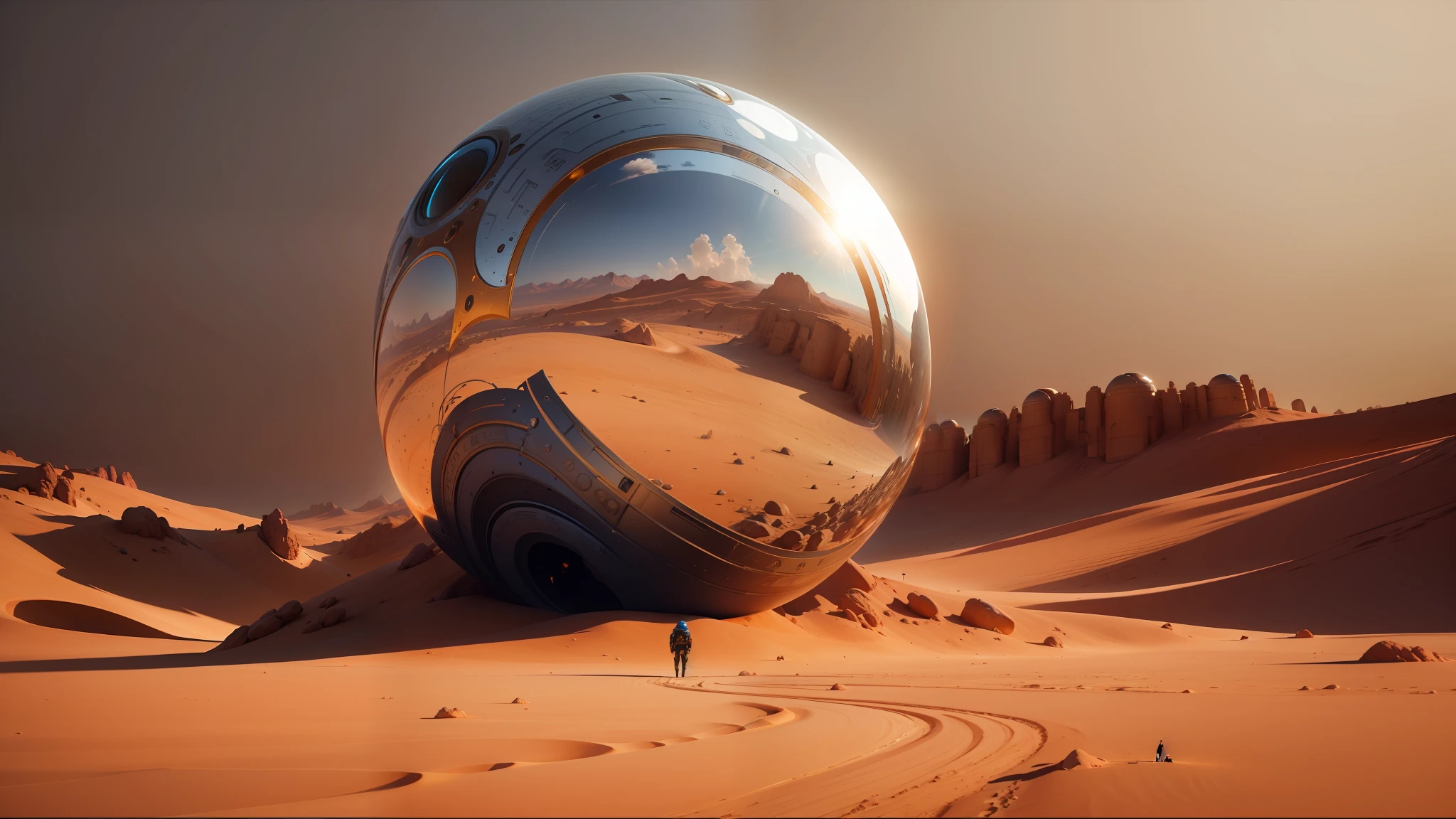 there is a large shiny object in the desert with a person walking by, cinema 4 d art, trending on artstaion, metallic reflections, the orb of eternity, dune (2021), james jean soft light 4 k, anamorphic, inspired by Nikolaj Abraham Abildgaard, highly reflective, andree wallin, from a 2 0 1 9 sci fi 8 k movie --auto --s2