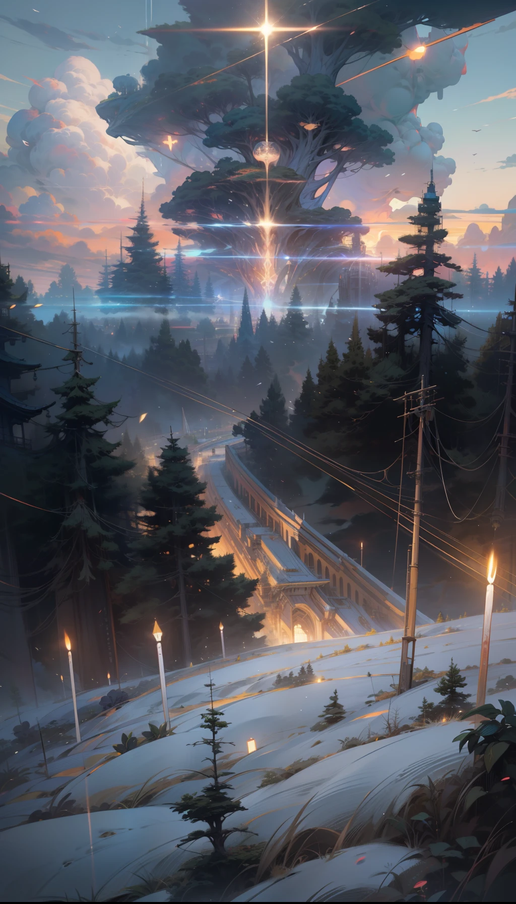 Sky, Clouds, holding_weapon, no_humans, Glow, giant_ trees , cyberpunk_Architecture, "sky, cloud, glowing, big trees , building, cybernetic _trees, tree_mech, sci-fi, cityscape, realistic, mechanical" Science Fiction, Cities, Rendered in Octane, hyper realistic, 8k, epic composition, cinematic, octane render, artstation landscape vista photography by Carr Clifton & Galen Rowell, 16K resolution, Landscape veduta photo by Dustin Lefevre & tdraw, 8k resolution, detailed landscape painting by Ivan Shishkin, DeviantArt, Flickr, rendered in Enscape, Miyazaki, Nausicaa Ghibli, Breath of The Wild,,trending in artstation, cgsociety, 8k post-processing highly detailed,Junji Murakami, Mucha Klimt, Sharandula, Hiroshi Yoshida, Tom Bagshaw, Ross Tran, Artgerm,Craig Mullins,dramatic,Junji Murakami, moody lighting rendered by octane engine,characters 8K symmetrical arstation, cape,cinematic lighting, intricate details, 8k detail post processing, hyperealistic, octane rend, Zdzisław Beksiński style, ar 2:3 Reality Reality --auto --s2