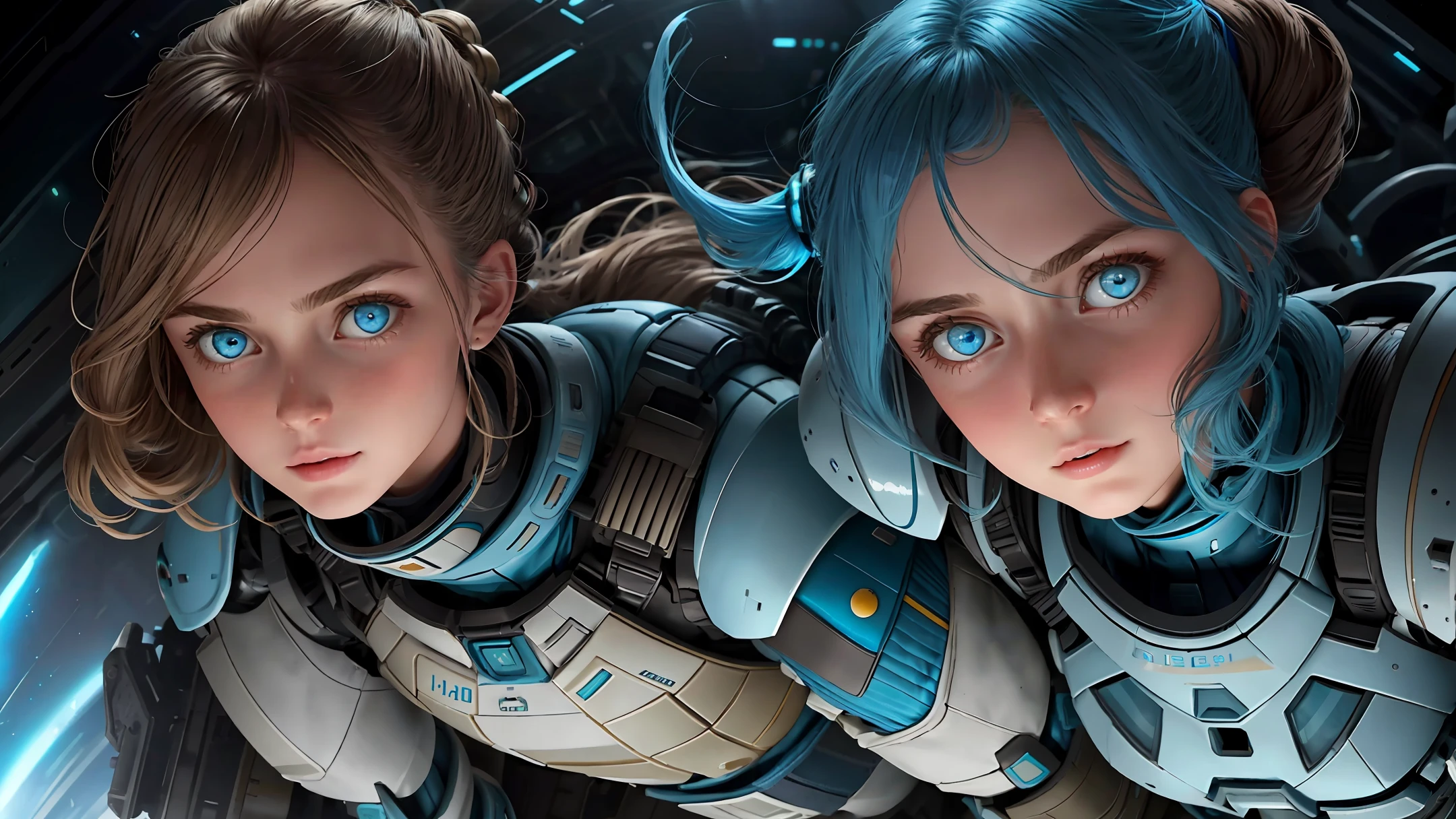 Ocean blue big eyes, lively, girly, light brown wavy ponytail, goose egg face, European and American faces, black and blue tight sci-fi armor, sci-fi style, high quality, details, refinement, atmosphere, war