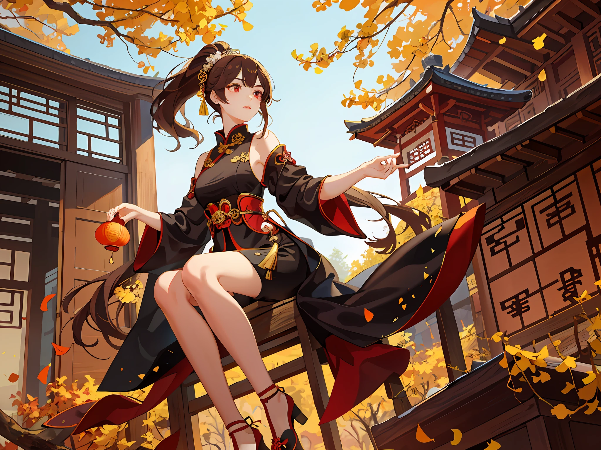 Superb masterpiece, 1 girl, brown hair, red eyes, full body portrait, detailed face, beautiful eyes, high ponytail, autumn ginkgo forest, ancient Chinese architecture, ancient architecture of the Tang Dynasty, very detailed background