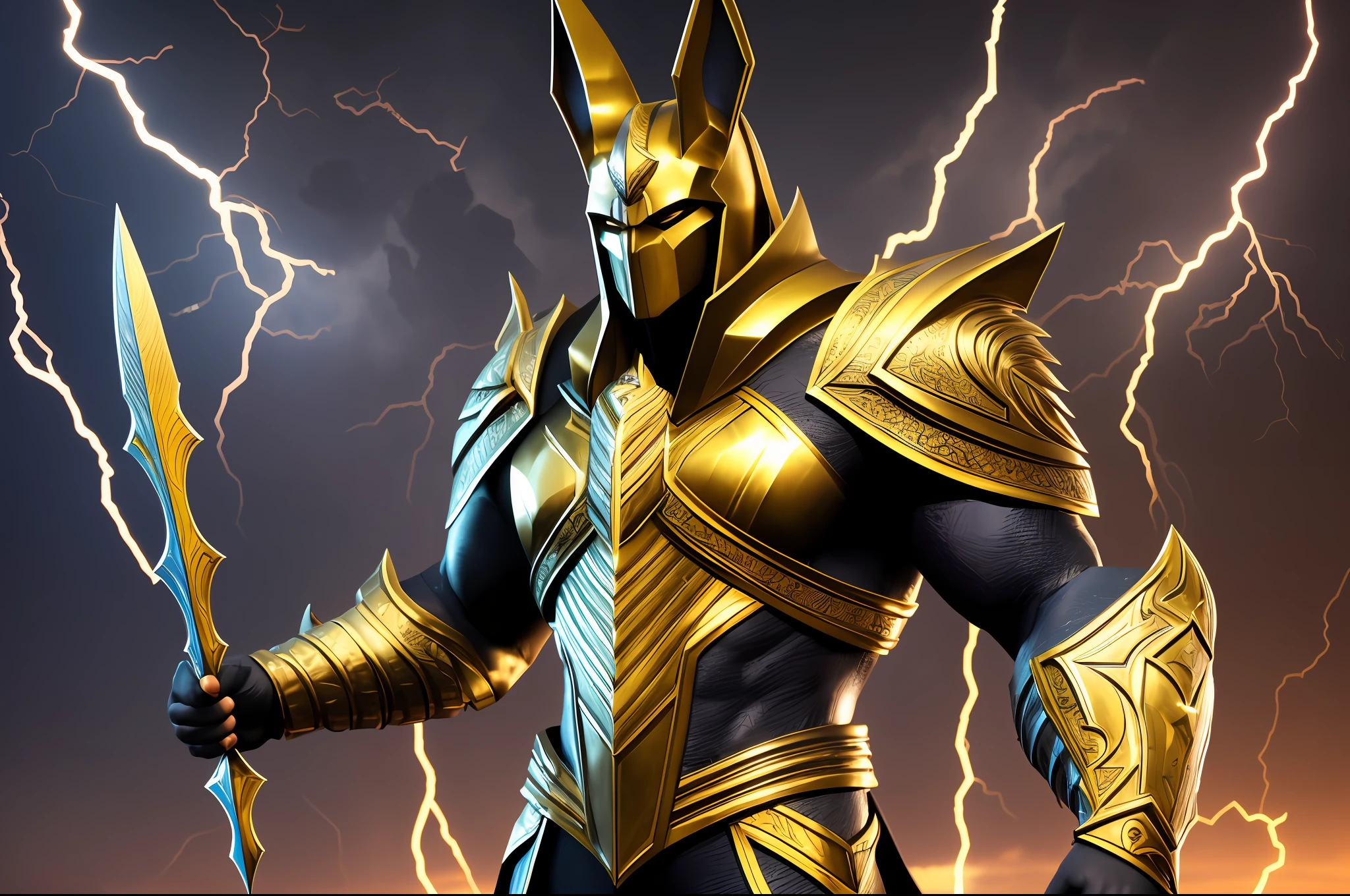 character design sheet of the god Anubis, inspired in a DC Comics costume. In shining armor, raising your hands, controlling lightning and thunder. Epic style, dramatic background, strong, angular lines, sharp contour. (((Artist: Creative Apollo))). 8k resolution, Graphic Engine 5 engine, 3D image dimension. --auto --s2