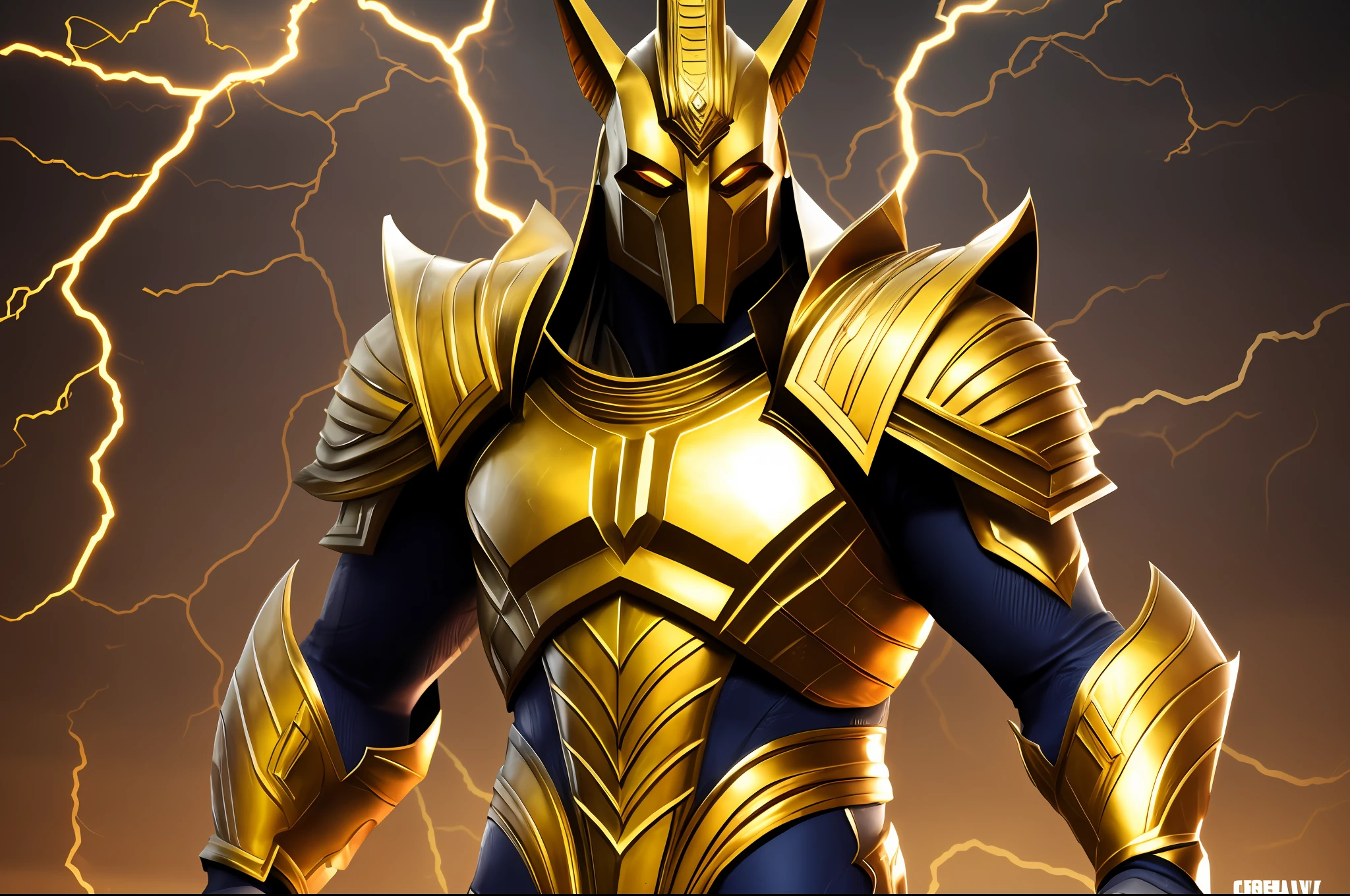 character design sheet of the god Anubis, inspired in a DC Comics costume. In shining armor, raising your hands, controlling lightning and thunder. Epic style, dramatic background, strong, angular lines, sharp contour. (((Artist: Creative Apollo))). 8k resolution, Graphic Engine 5 engine, 3D image dimension. --auto --s2