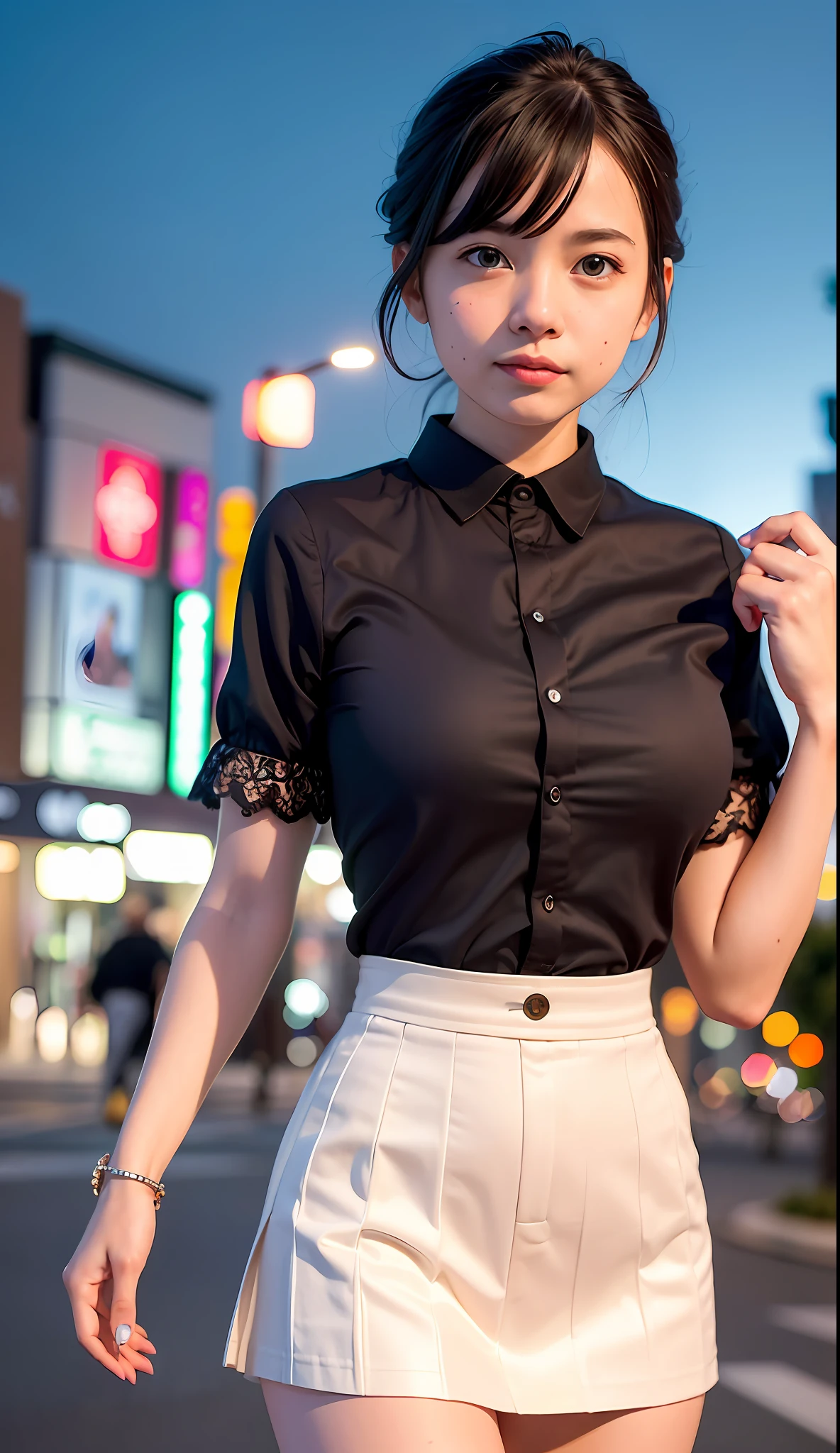 (8k, RAW photo, best quality, masterpiece:1.2), (realistic, photo-realistic:1.37), ultra-detailed,
1 girl,cute, solo,beautiful detailed sky,detailed tokyo street,night,
medium breasts,beautiful detailed eyes,(collared shirt:1.1), bowtie,pleated skirt,(short hair:1.2),floating hair
