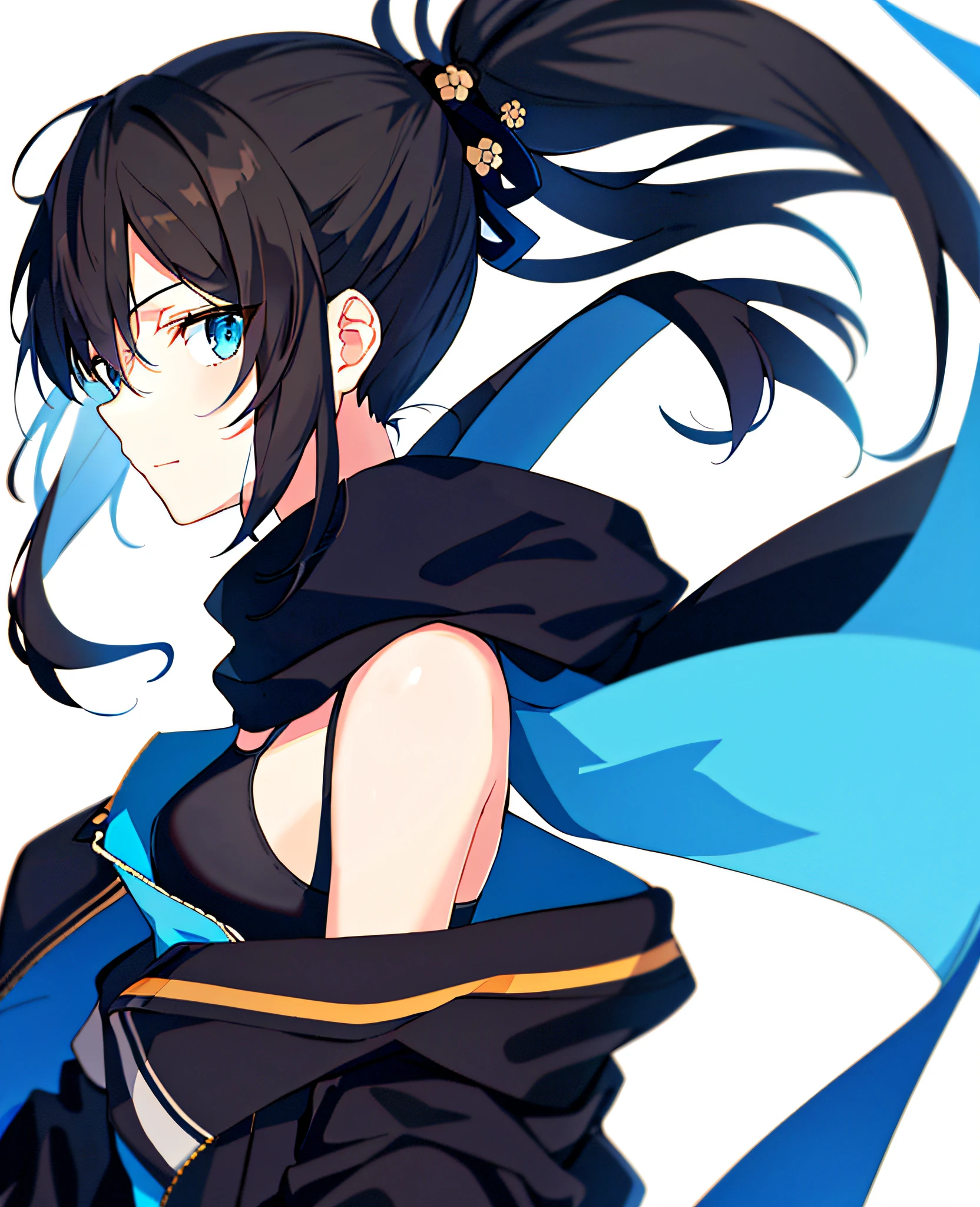 A girl, flat chested, quiet, introverted, delicate face, delicate hair, (brown diagonal ponytail), punk jacket, front view, blue eyes, black thick scarf, fluttering black flowers, blue theme, night