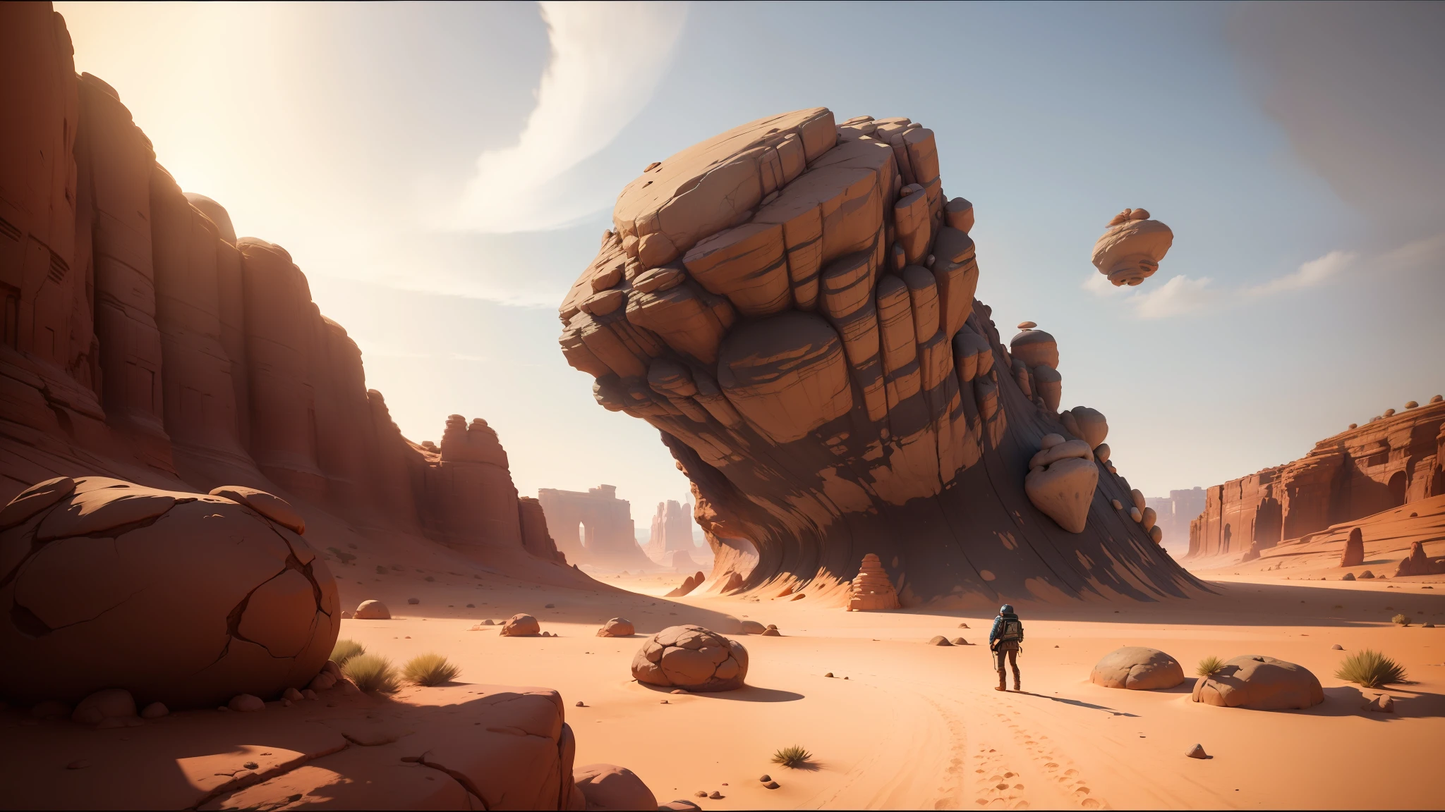 there is a man standing in the desert with a giant rock, art of unreal engine 5, inspired by Neil Blevins, giant mushrooms, inspired by Douglas Robertson Bisset, the artist has used bright, trending on artsatio, sci-fiish landscape, moab, the witness --auto --s2