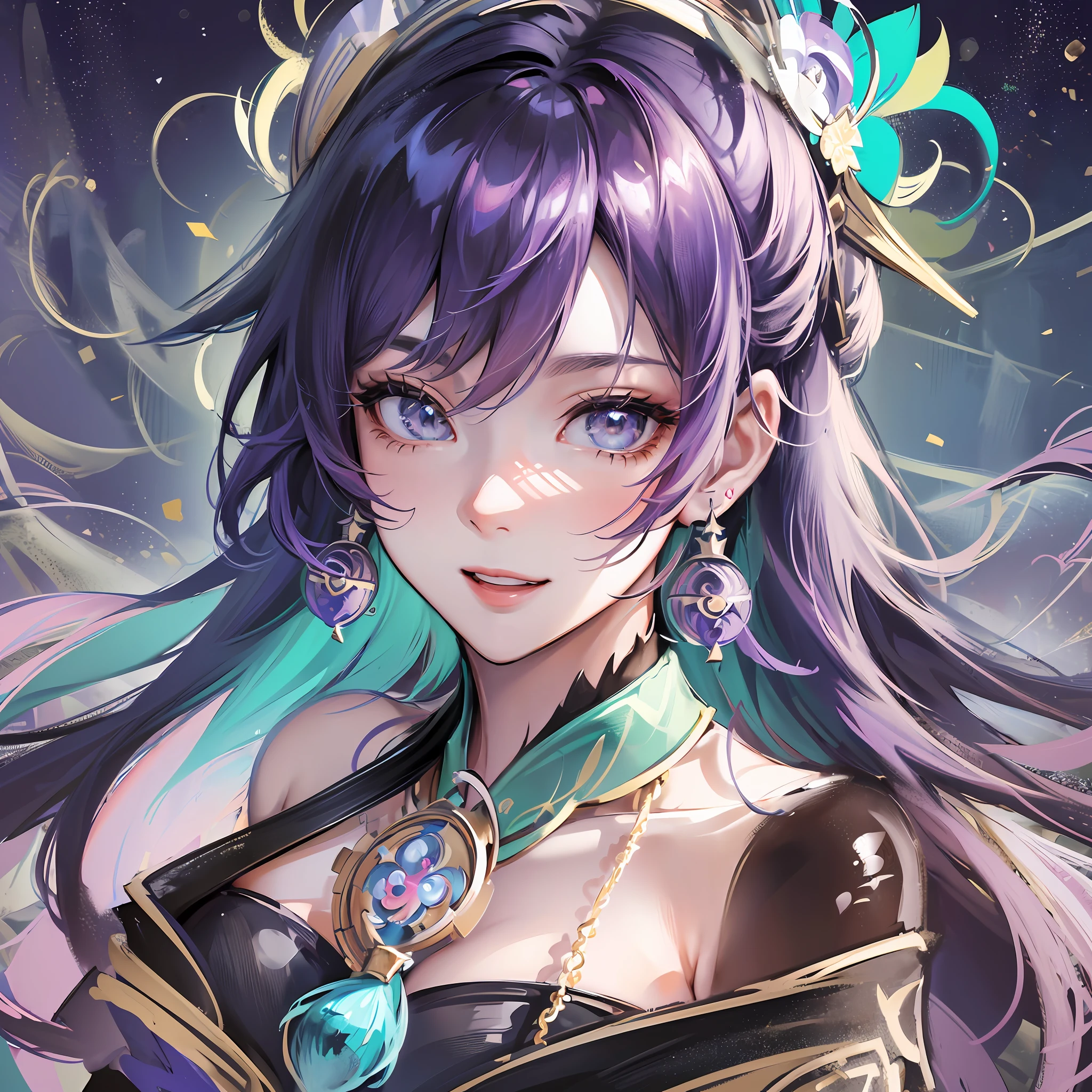 (Masterpiece, Best Quality, High Resolution, Ultra Detail, 8K, 4K), Album, Anime Coloring, CG, Illustration, Fantasy, MKSK, (1 Girl, Solo: 1.4), Earrings, Necklace, (((Close-up Portrait)), background is a huge gorgeous circular pattern, smile, looking at the viewer happily, fireworks, stars, night, outdoors, (Dutch angle), close-up, facial focus, upper body, {yoimiya }\ (Genshin Impact\), --auto --s2