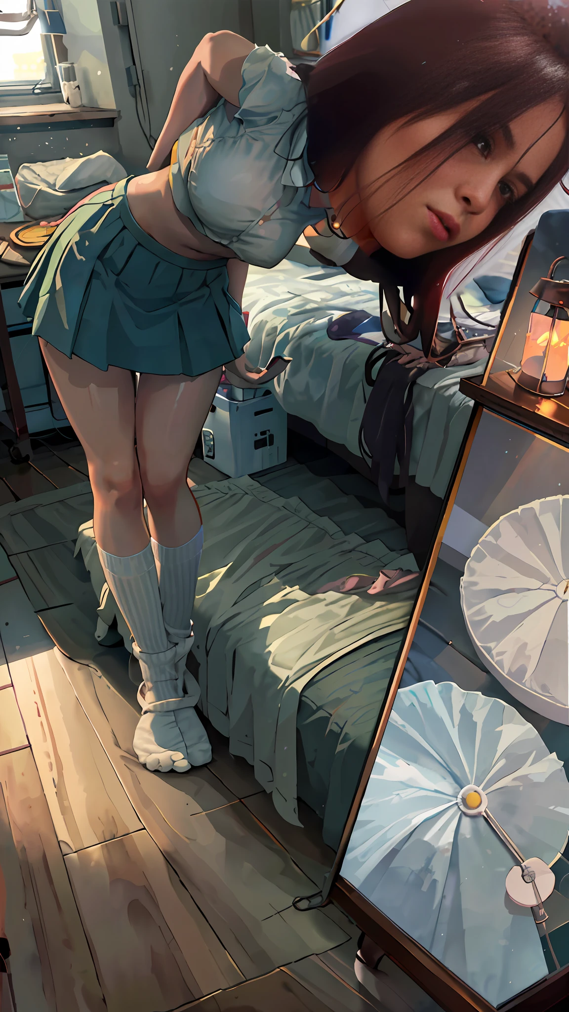1girl,solo, shy,sexually suggestive,indoors, sitting, shirt, skirt, long hair,blush, white footwear, sleeveless, shoes, socks, white shirt, full body, large breasts,underboob,panty pull,white socks, wooden floor, shorts, armpit peek, bangs, sleeveless shirt, sunlight, ankle socks, pleated skirt,
phone, laptop,window,milk, cat,flower, desk,bed,bookshelf, lantern,
