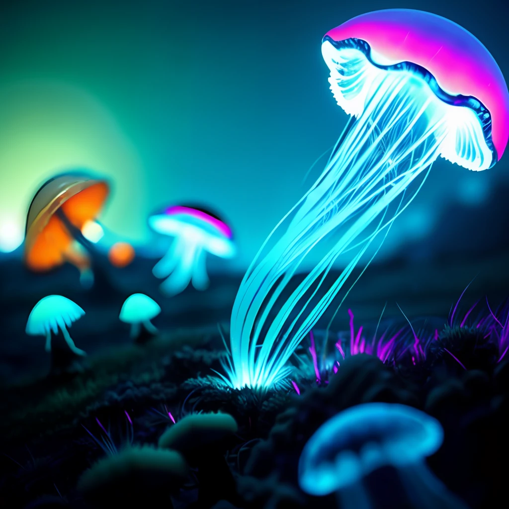 Fungal Wastes, night and (jellyfish:1.2), [Style-Petal], Style-Glass, closeup, dramatic, volumetric lighting, subsurface scattering, (highly detailed:1.2), bokeh,