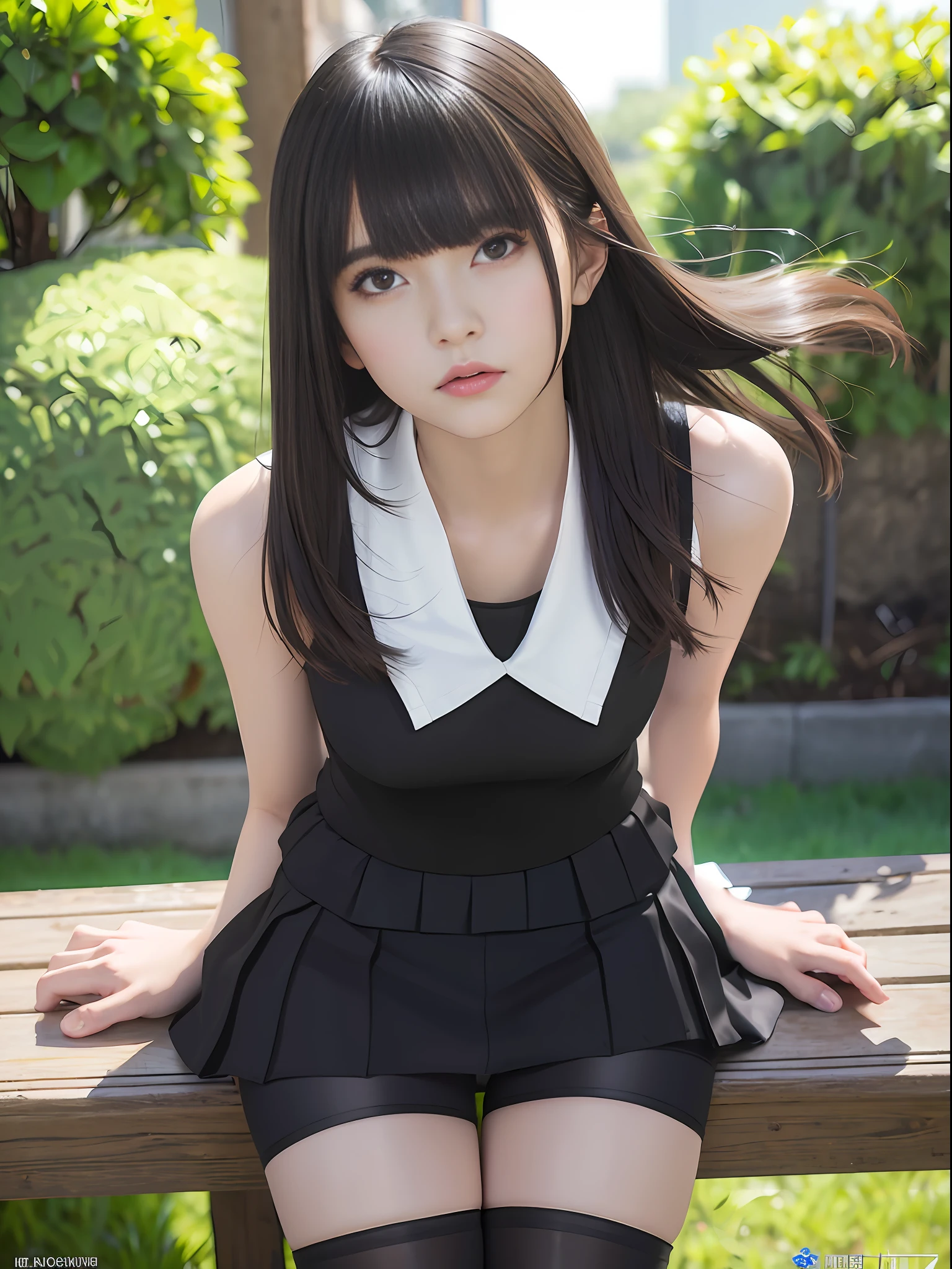 masterpiece, masterpiece, best quality, best quality, real, unity, 8k wallpaper, official art, highly detailed CG Unity 8k wallpaper, ulzzang-6500, (Original: 1.2), (Real: 1.4), mix4, (8k, RAW photos, top quality, masterpiece: 1.27), simple costumes, Red sailor color, skirt, pleated skirt, ((Black spandex shorts:1.37)) Skirt, shorts under skirt, lively girl, (realistic, photorealistic: 1.37), photon mapping, radiosity, one girl, mature, cool, professional lighting, physically based rendering, sitting in a chair, overhead view, hair fluttering in the wind, blurring background, handsome, masterpiece, top quality, high resolution, Top quality photos, high resolution, 1080p, (delicate skin), (clear face), (detailed facial description), (detailed hand description), (masterpiece), (masterpiece), (elaborate CG), (detailed facial features), (highest quality photos), (masterpiece), (detailed eyes),