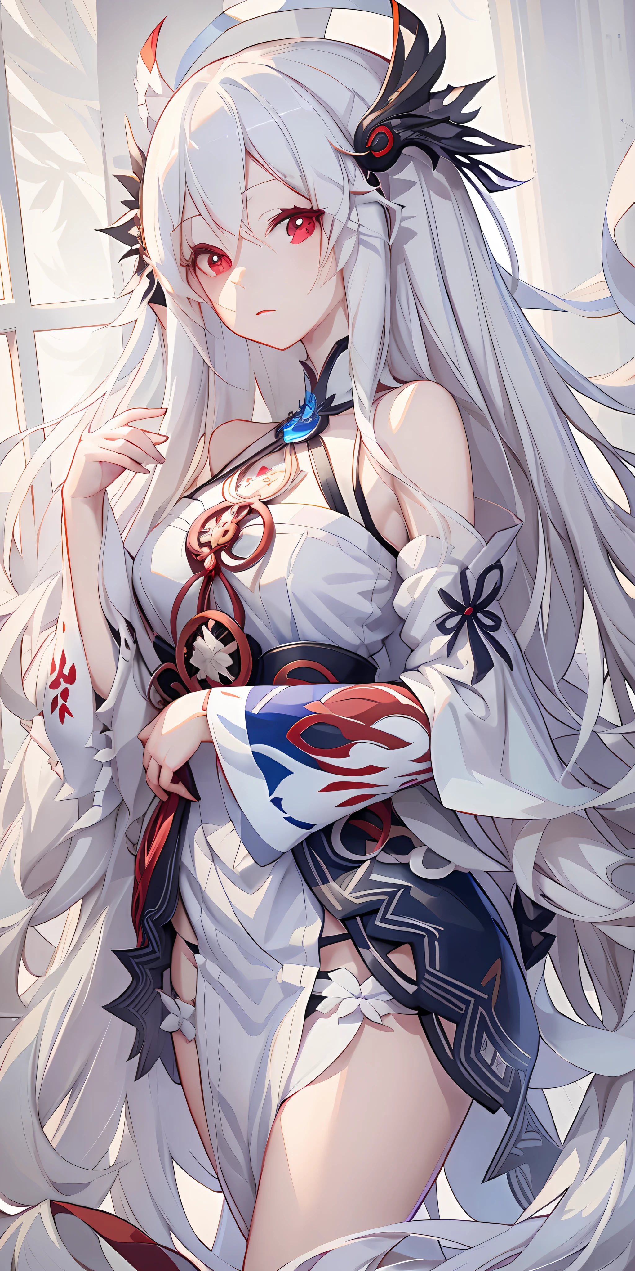 anime girl with long white hair and red eyes posing in front of a window, white haired deity, onmyoji, onmyoji portrait, onmyoji detailed art, from girls frontline, fine details. girls frontline, anime goddess, seductive anime girl, white haired, perfect white haired girl, white haired lady, white-haired, tifa lockhart with white hair
