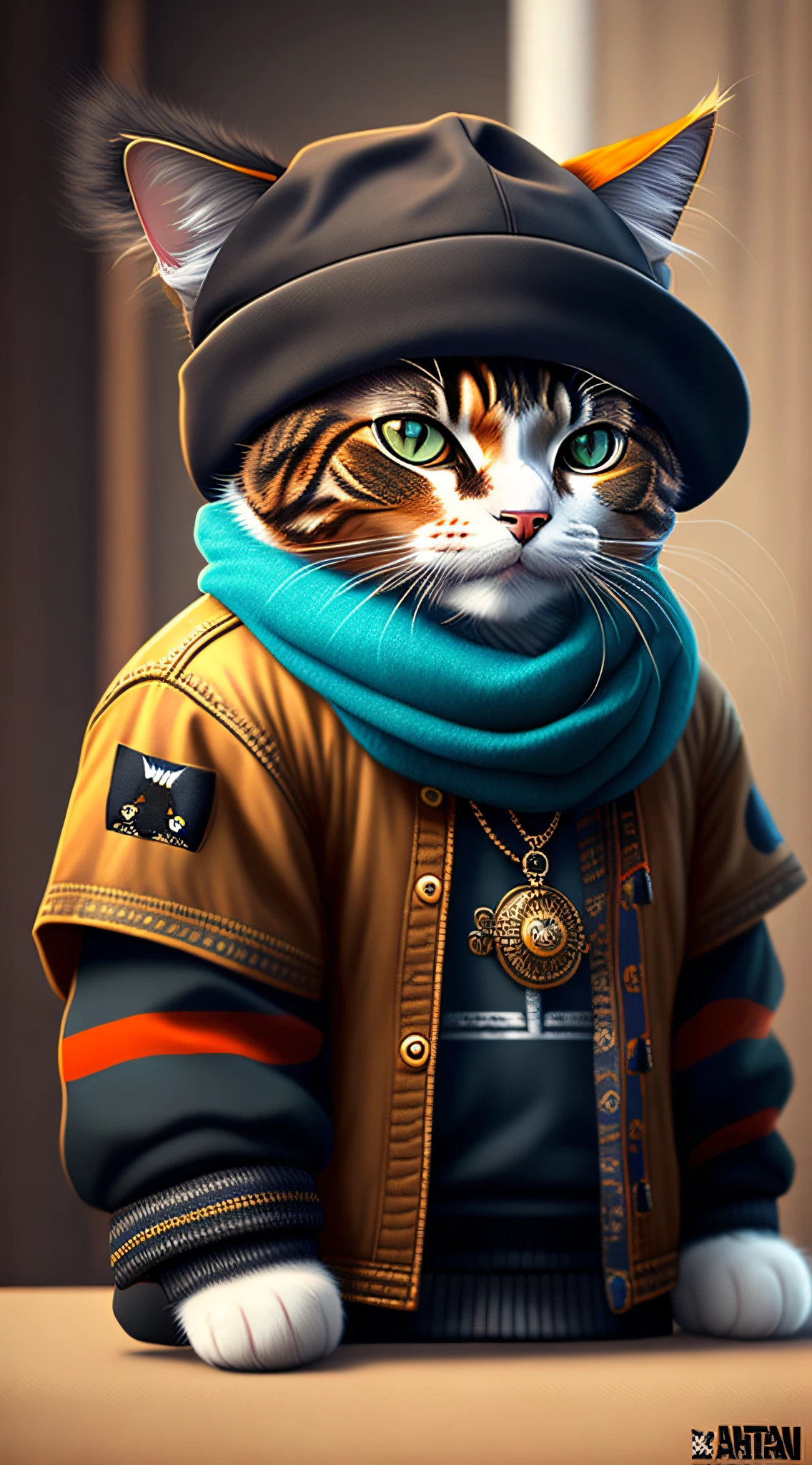 A painting of a cat in a hat and scarf, art station trend, wearing punk clothing, ultra realistic detailed render, british gang member, urban style, intimidating pose, planet of cats, trendy clothes, urban samurai , meow, Western Slavic features, 8 1 5