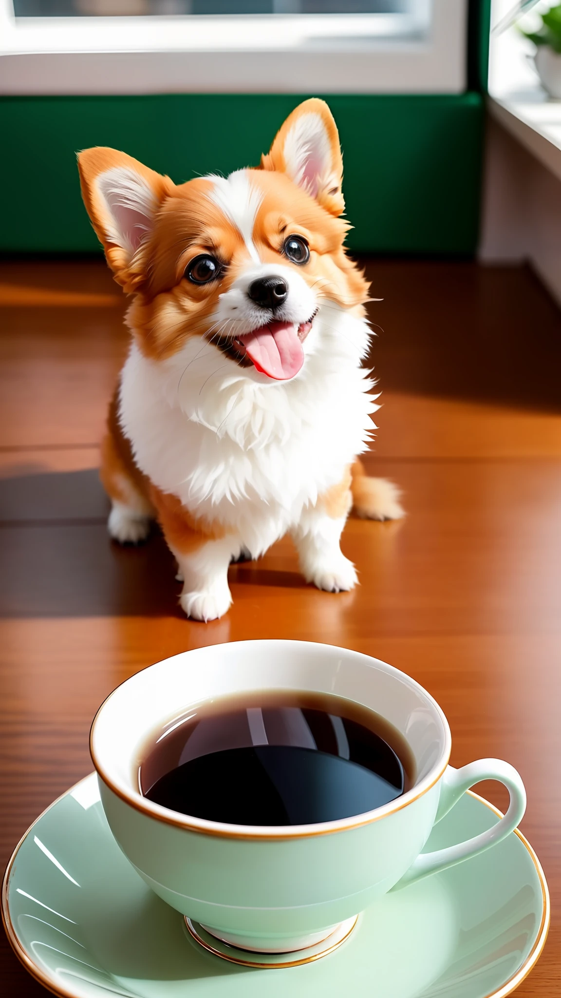 Cute  dog ,2 corgi in teacup, big eyes, 8k, delicate, clear, ((real)), has its paws sticking out of the teacup, sticks out its tongue, ((cute)), ((small)), professional photographer, professional photography, (((fur is fluffy))), antique teacup, (face sticking out of teacup), coffee shop, indoors, sunlight, Light leaks, photogenic reality