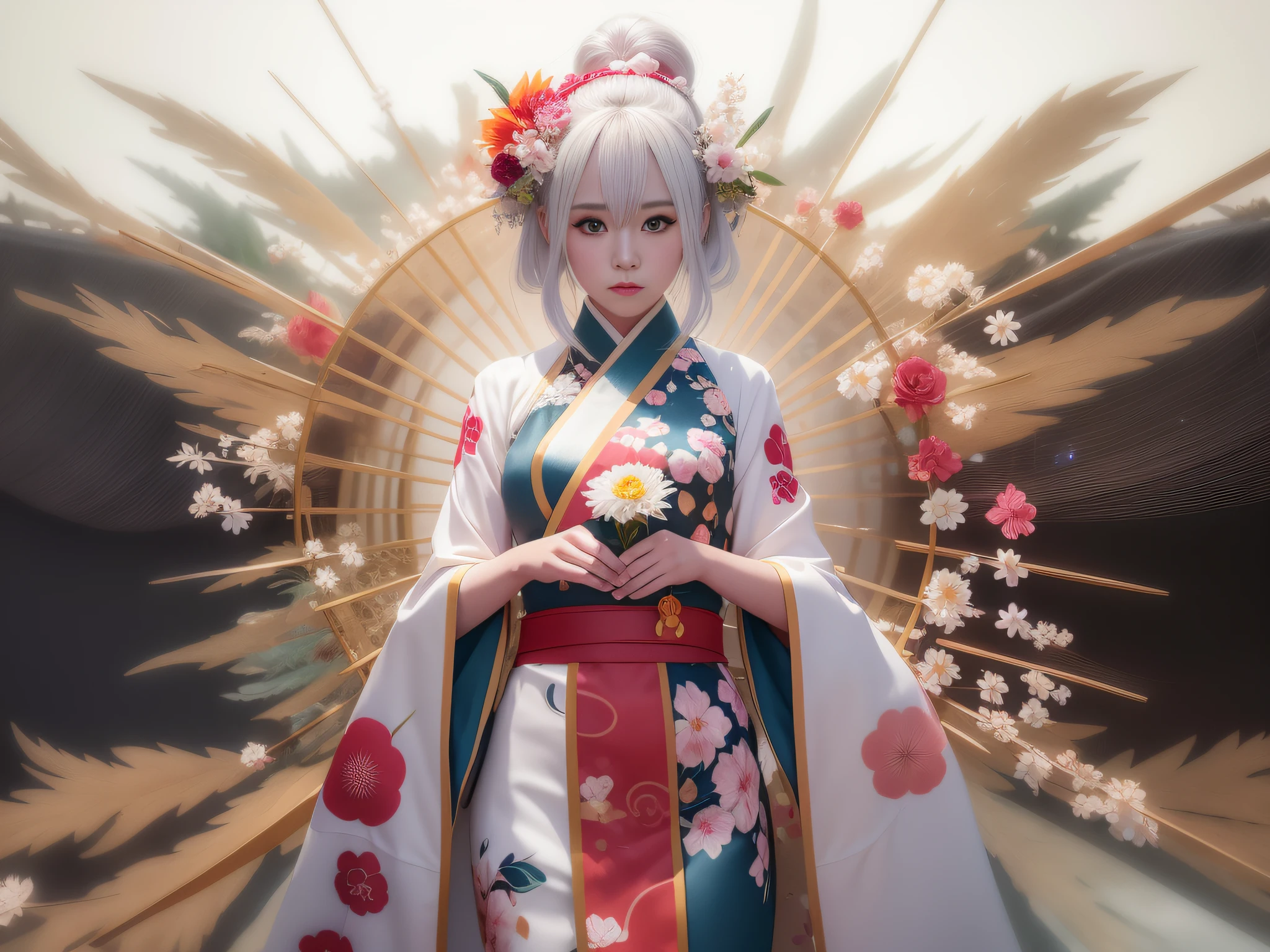 anime girl in a kimono outfit holding a flower in her hands, white haired deity, guweiz on pixiv artstation, guweiz on artstation pixiv, palace , a girl in hanfu, guweiz, artwork in the style of guweiz, trending on artstation pixiv, onmyoji detailed art, guweiz masterpiece