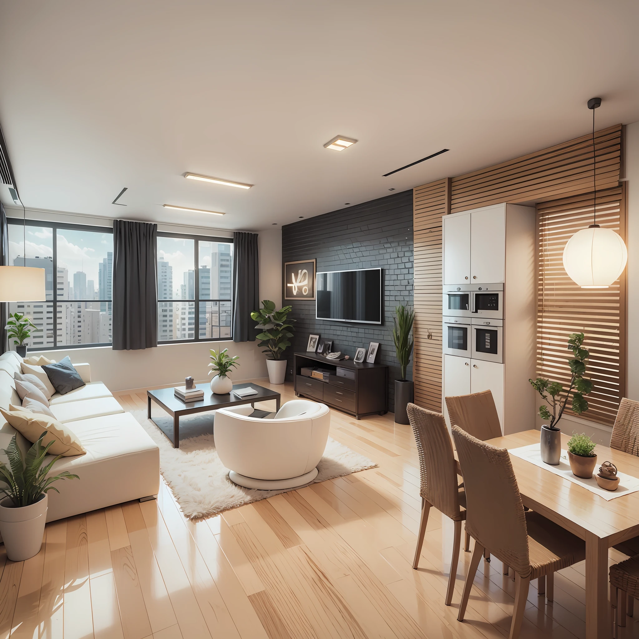 draw 3D floor plan, High realistic, High Quality 8K 2 bedrooms, 1 living room, 1 kitchen, 1 bathroom,1 dining room, 1 balcony, lighting nude, persons in the living room, rending with 3DMax --auto --s2