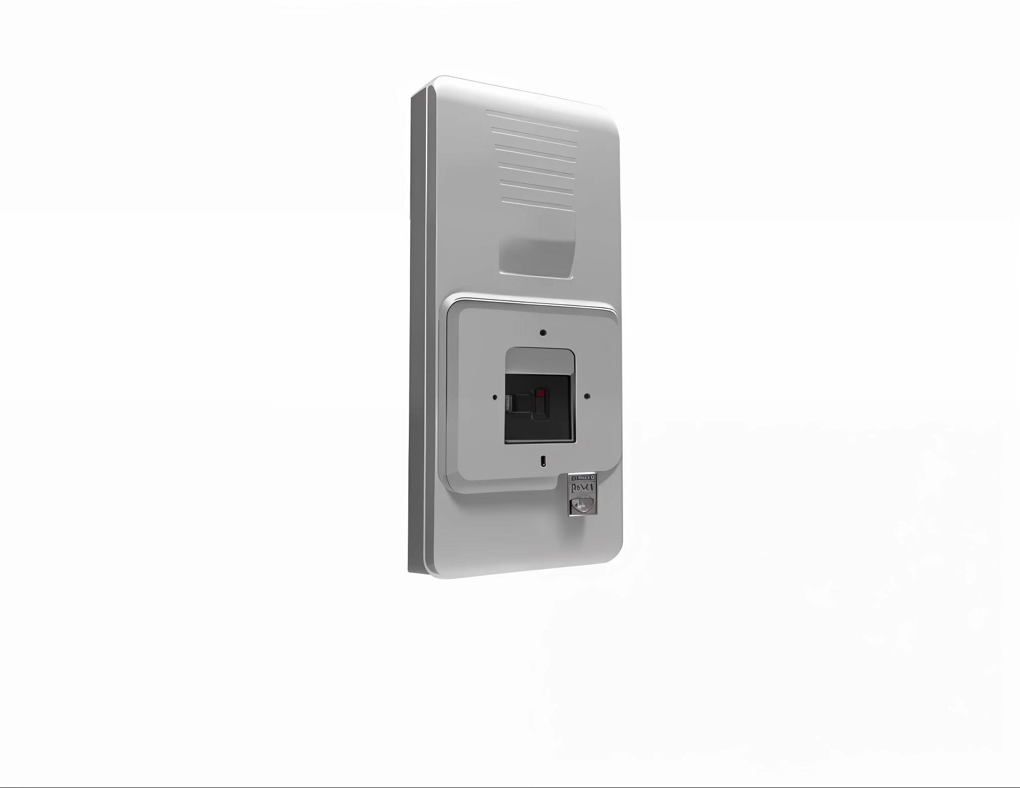 Close-up of access control on white background, close-up - IP shooting, medium photo taken from behind, facing back of camera, 3D side view, bottom angle, back view, rear shot, close-up shot from behind, front full screen, bottom view, detailed wide angle lens, detailed picture, shot from back, rear view, highlight angle
