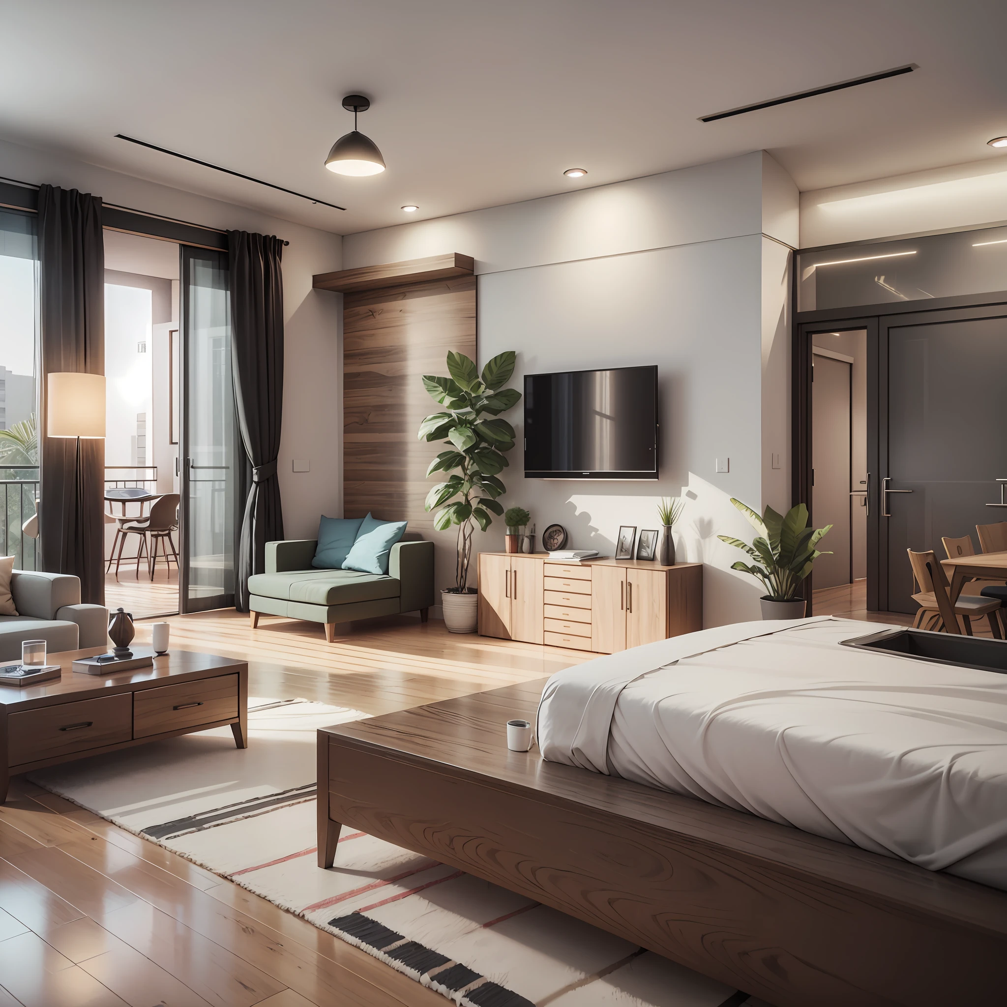 draw 3D floor plan, High realistic, High Quality 8K 2 bedrooms, 1 living room, 1 kitchen, 1 bathroom,1 dining room, 1 balcony, lighting nude, persons in the living room, rending with 3DMax --auto --s2