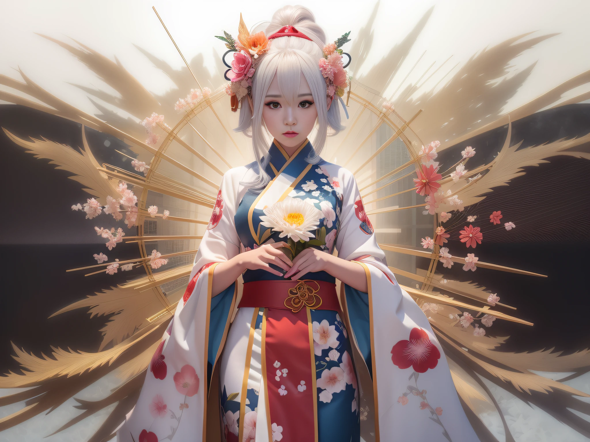 anime girl in a kimono outfit holding a flower in her hands, white haired deity, guweiz on pixiv artstation, guweiz on artstation pixiv, palace ， a girl in hanfu, guweiz, artwork in the style of guweiz, trending on artstation pixiv, onmyoji detailed art, guweiz masterpiece