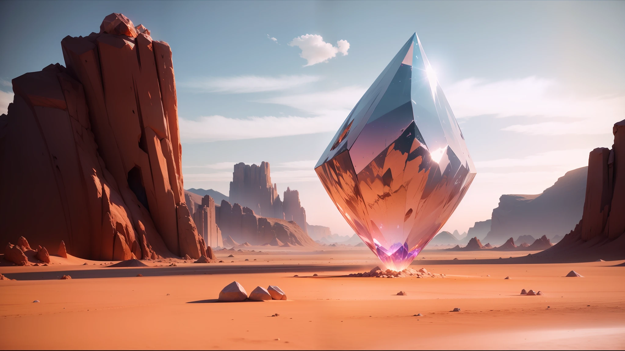 there is a large crystal in the middle of a desert, behance 3d, cinematic still in adam | unity, trance, by Paul Cornoyer, “uwu the prismatic person, realistic epic shaders, still from l'estate, colorful lens flares, moebius --auto --s2