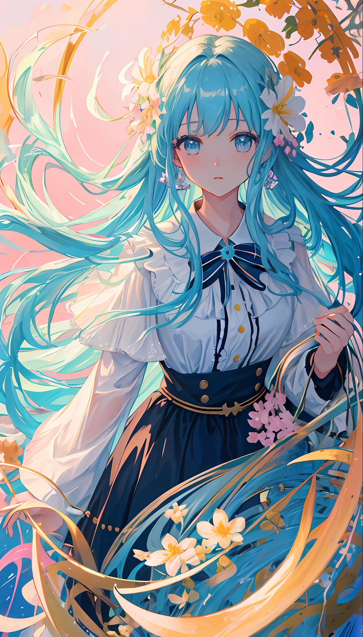 (masterpiece), (best quality), (ultra detailed),(disheveled hair),(illustration), (1girl), (Fashionable clothing), standing, Fashion model, looking at viewer, (interview), (simple background),beautiful detailed eyes, delicate beautiful face, Floating,(high saturation),(colorful splashes),colorful bubble,(shining), focus on face,  kamisato ayaka, light blue hair, bangs, hair ring, floating flowers, floating hairs.Girl, anime waifu, looking at viewer, highlydetailed, reflections transparent iridescent colors, long transparent iridescent RGB hair, artby Serafleur from artstation, thick acrylic，illustration on pixiv, waist up portrait, gorgeoussacred girl, best quality, ultra detailed,sad,clever,beautiful face , beautiful lighton black background, Character stvle renderedby Octane,