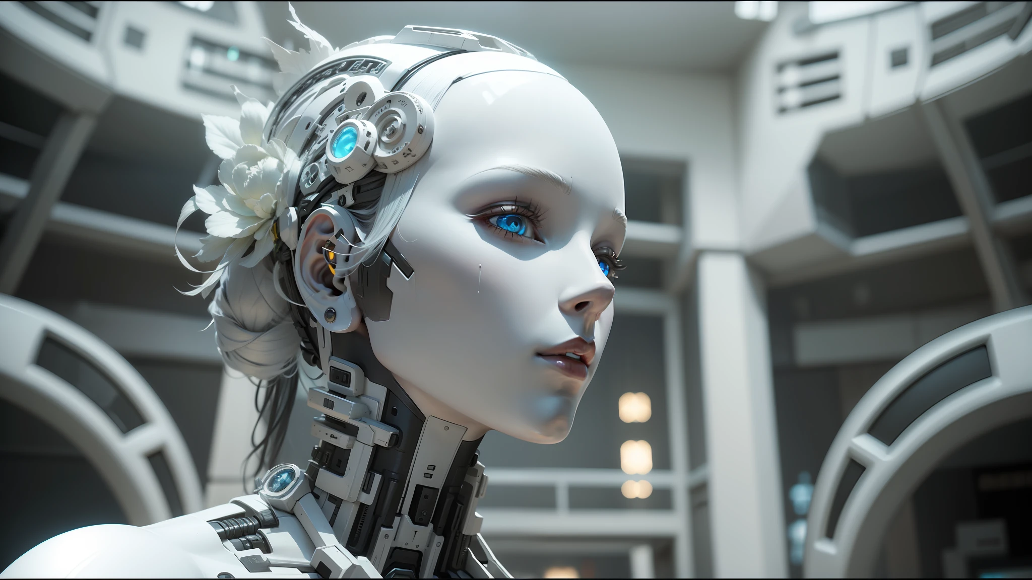 there is a white mannequin with a head of hair and a headpiece, movie still of a cyborg, behance. high detail, autodesk, holy cyborg necromancer girl, a portrait of an android, inspired by Richard Randolph Rubenstein, video animation, androids, futuristic year 4 0 0 0--ar 16:9 --auto --s2