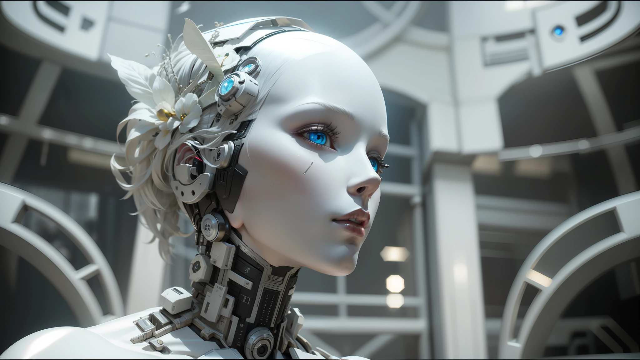 there is a white mannequin with a head of hair and a headpiece, movie still of a cyborg, behance. high detail, autodesk, holy cyborg necromancer girl, a portrait of an android, inspired by Richard Randolph Rubenstein, video animation, androids, futuristic year 4 0 0 0--ar 16:9 --auto --s2