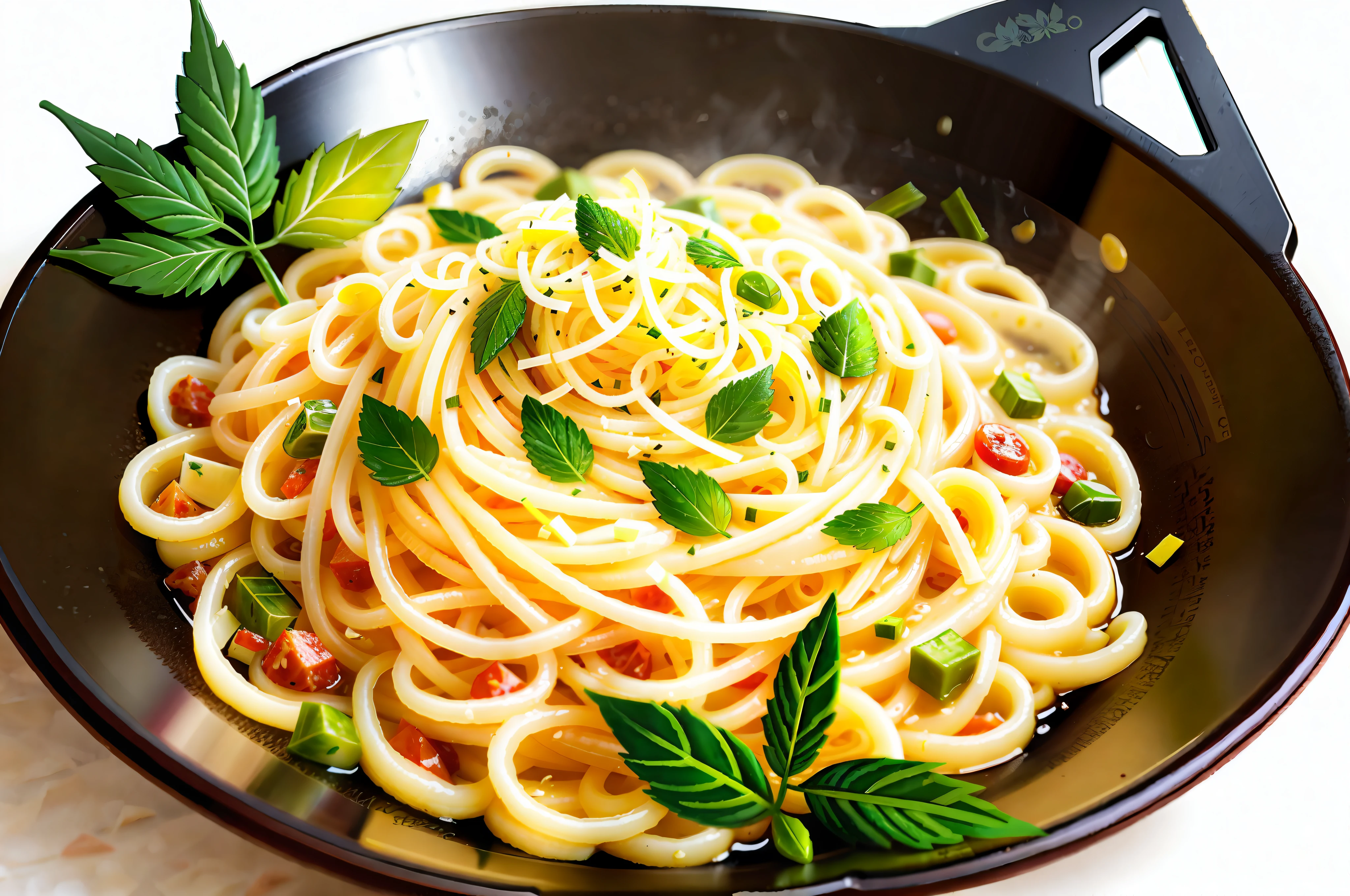 Carbonara pasta, marijuana leaves in the middle