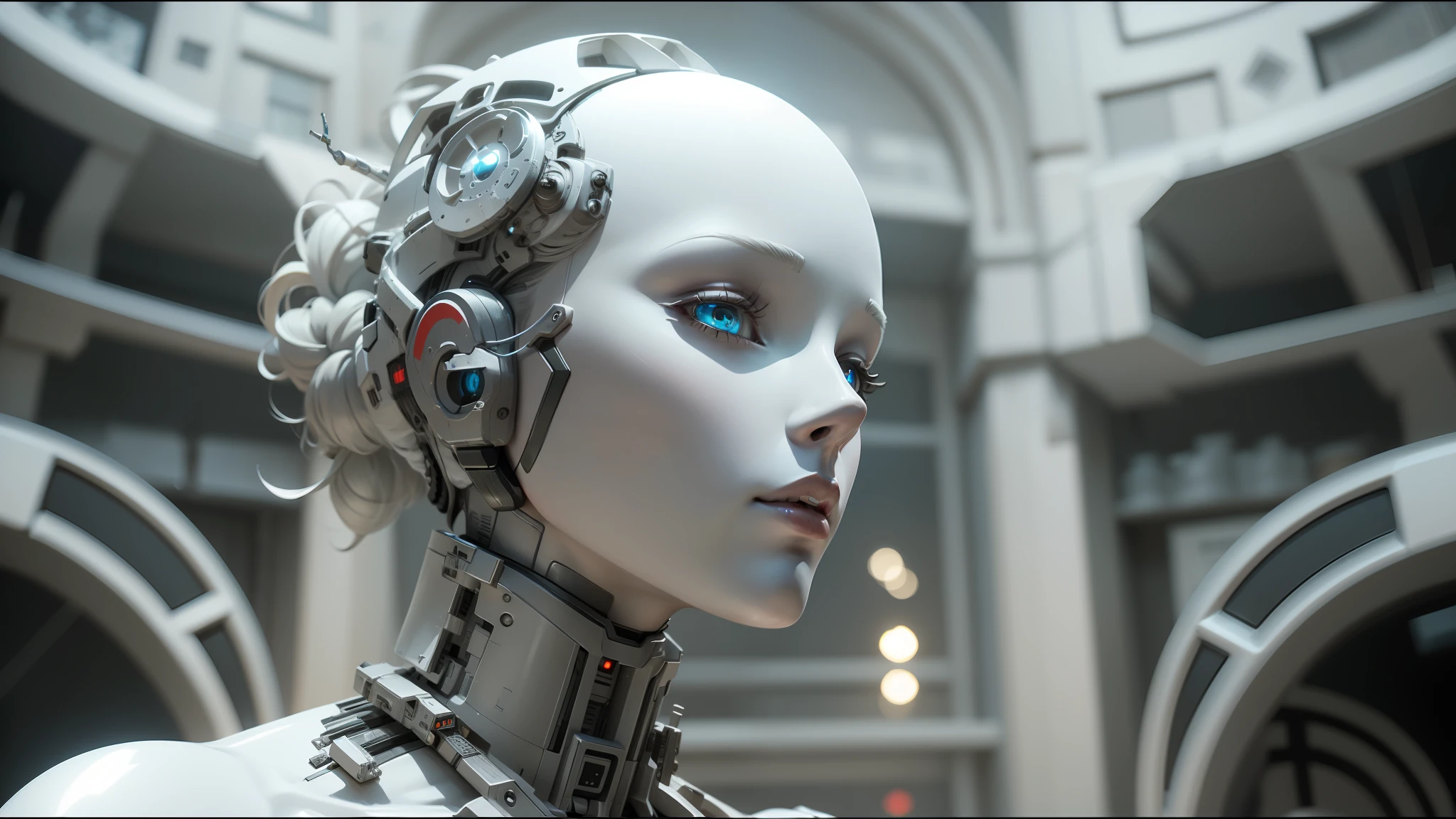 there is a white mannequin with a head of hair and a headpiece, movie still of a cyborg, behance. high detail, autodesk, holy cyborg necromancer girl, a portrait of an android, inspired by Richard Randolph Rubenstein, video animation, androids, futuristic year 4 0 0 0--ar 16:9 --auto --s2