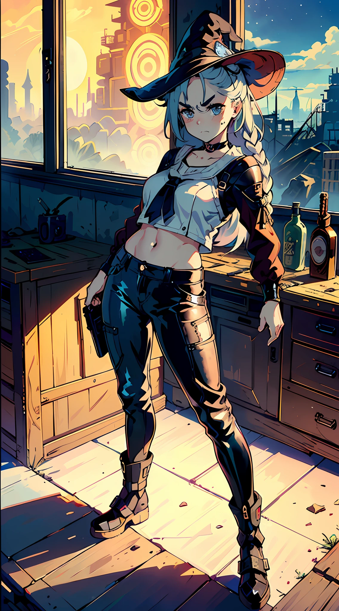 ((masterpiece))), (((best quality))), ((ultra-detailed)), ((highly detailed CG illustration)))), ((extremely delicate and beautiful face)),(masked ), cinematic light, absurd clothes, 1 young girl, ( (character sheet)), concept art, ((full height)), (masterpiece: 1.2), (best quality: 1.3), (single background, white background: 1.3),( CHARACTERS OF THE POST-APOCALYPTIC WORLD OF WASTELANDS)))), (( Characters WANDERERS RAIDERS)), ( MAD MAX concepts))))), (( beautiful face)), (( quality face)), (((beautiful anime eyes of characters))) , ( high-quality anime eyes of characters), (((high-quality anime pupils)), (beautiful anime pupils)), (( beautiful shape of anime eyes)), (( beautiful shape of anime pupils)), (( all faces with anime eyes)), ( simple anime eyes of characters)))), (bare skirt),(( very erotic pose))) , (( post-apocalyptic wastelands)))) frenzied, bright hair, old clothes atmosphere of the post-apocalyptic world, (((( extremely embarrassed face))), (( covers the body)) , ((( extremely embarrassed face))),(surprised eyebrows),(sad eyebrows),(evil eyebrows),( character of the post-apocalypse world))))( maximum torn clothes ), ( the universe of the post-apocalyptic world) ,(excited face)))), ((comic)),((background in school))), ((background of the desk))), ((background of large windows)), (witch costumes))), ((witch hat)), (long skirt)))), ((leather pants)))