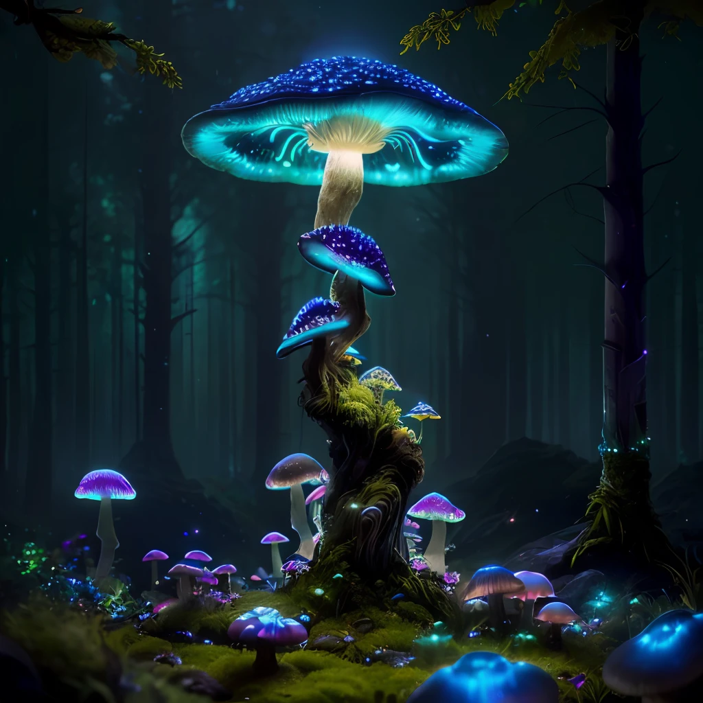 (highly detailed:1.2),(best quality:1.2),8k,sharp focus,(subsurface scattering:1.1)
(glowing magic bioluminescent mushrooms:1.2),psychadelic magic particles inthe air, (neon bioluminescent mushroom forest at night:1.2), (magical fireflies:1.2)
(very detailed trees and rocks and moss:1.2), (highly detailed background:1.3), RPG, Elden Ring style, (fantasy:1.3),(hyperrealistic:1.2), cinematic lighting, highly detailed, artstation,smooth, sharp focus, artgerm, greg rutkowski, alphonse mucha, editor's pickup, trending on artstation, trending on deviantart, wlop