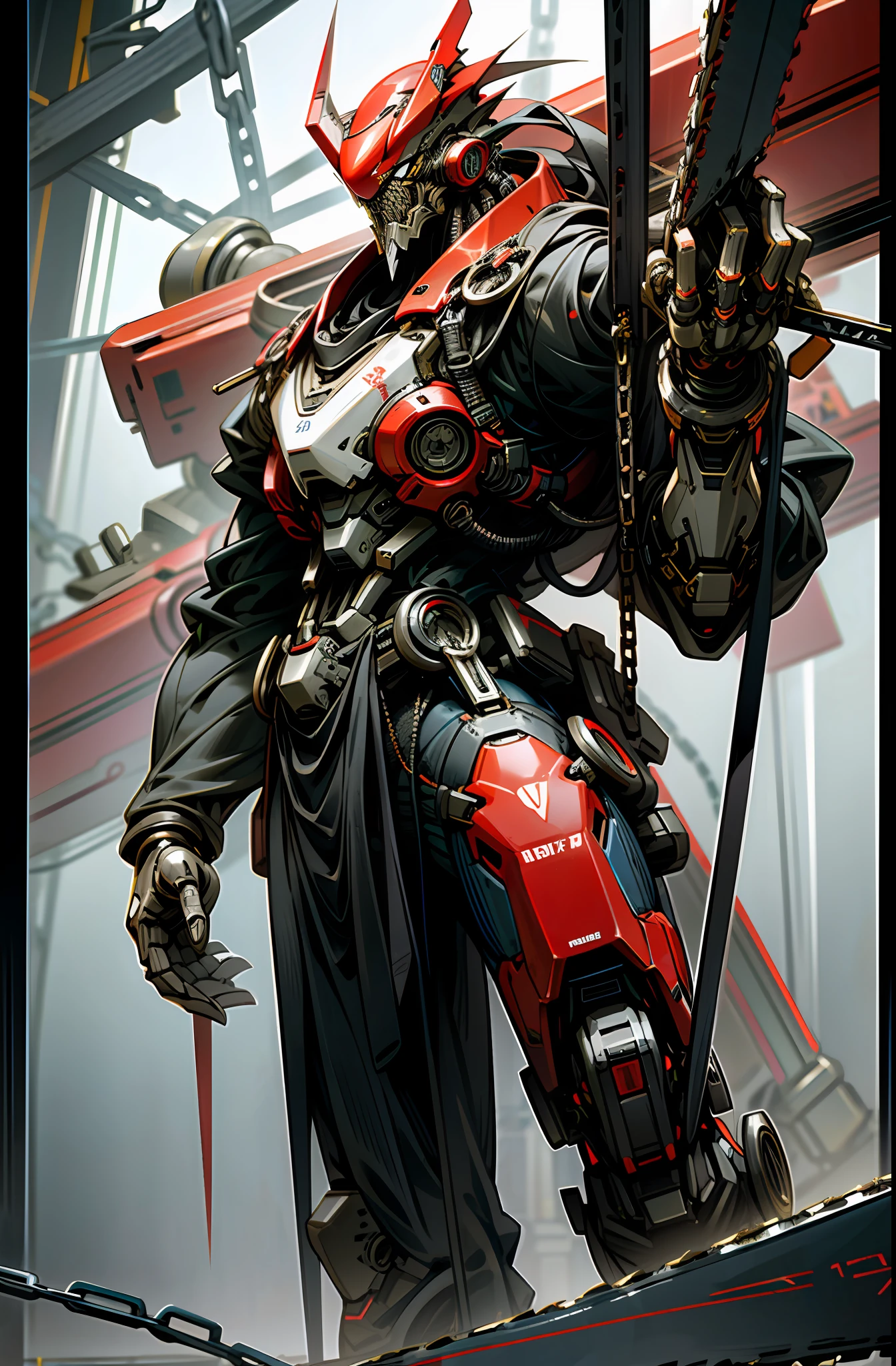 Dark_Fantasy,Cyberpunk,(chain saw,chain saw man,Red:1.1),1man,Mechanical marvel,Robotic presence,Cybernetic guardian,