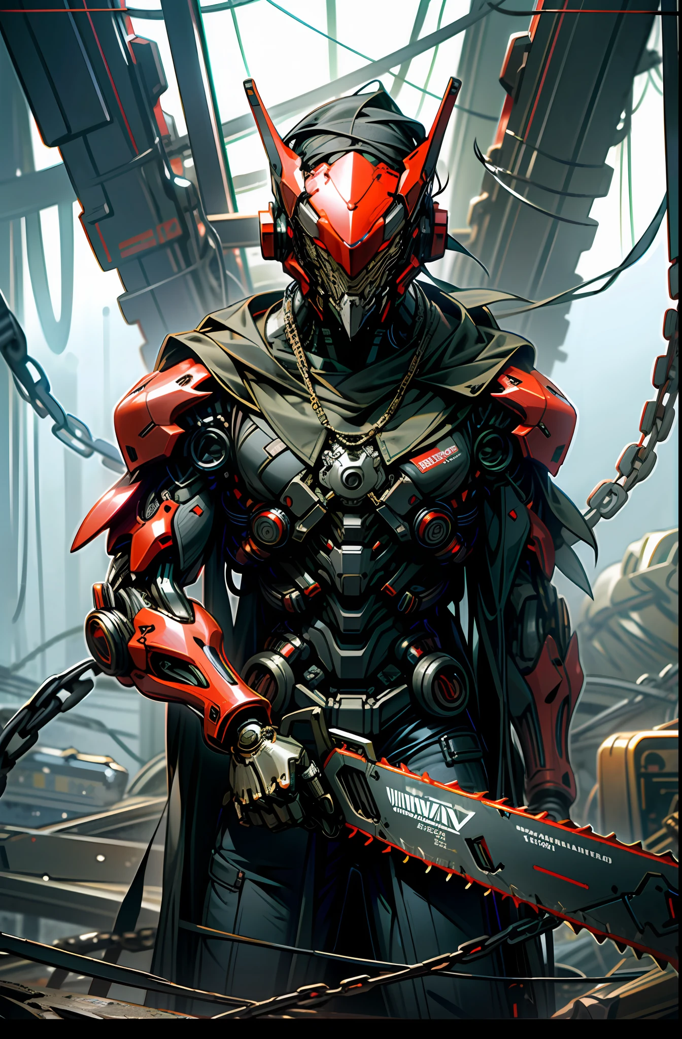 Dark_Fantasy,Cyberpunk,(chain saw,chain saw man,Red:1.1),1man,Mechanical marvel,Robotic presence,Cybernetic guardian,
