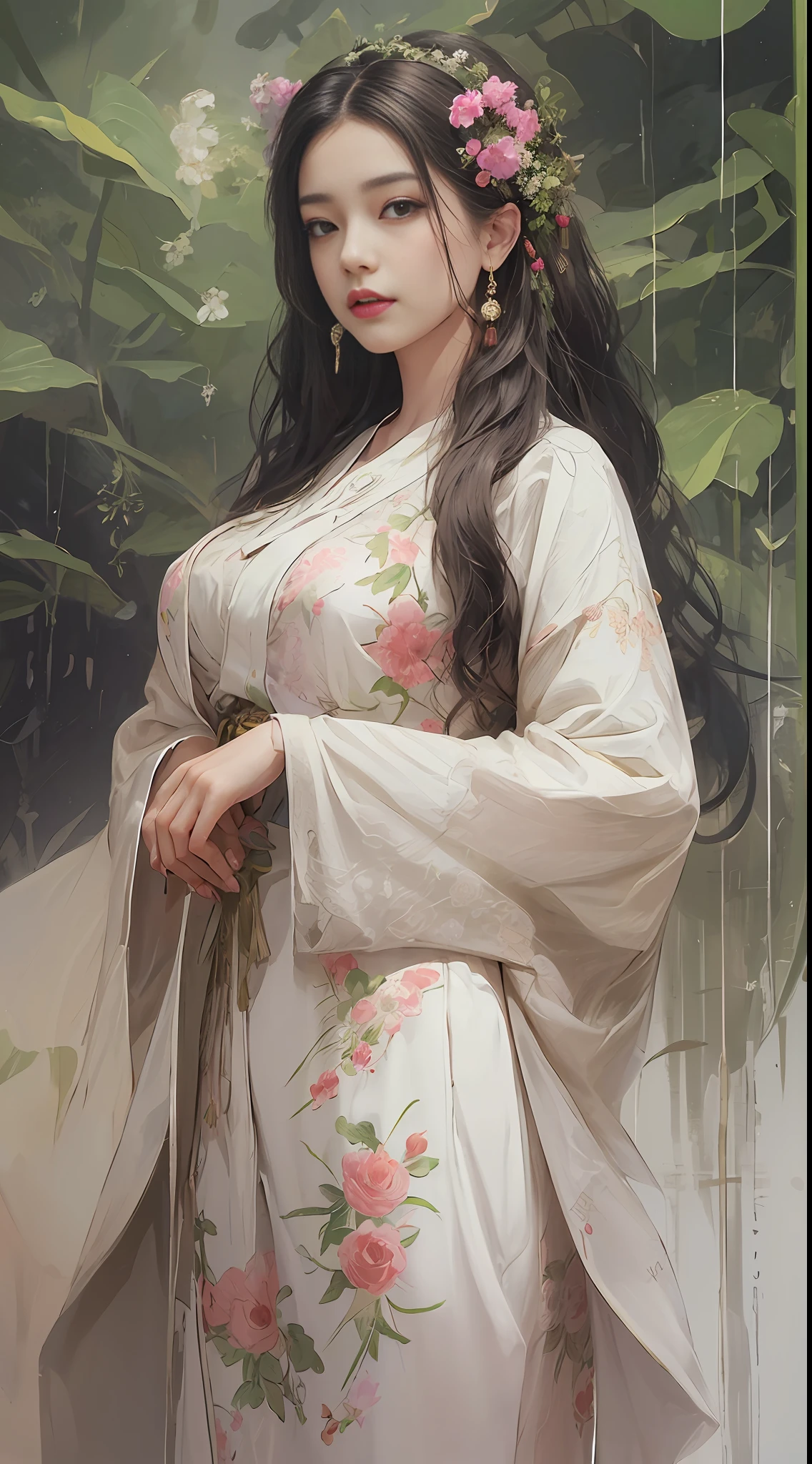 Very detailed photo of a woman, Lola Daisy, Hanfu, silk, hand bow, main view, full body, 8k uhd, RAW photography, model shoot, cute, close-up, Tradition Chinese Ink Painting style, silk, Hanfu, Embroidered, Chinese costume, Front view, Full body shot
