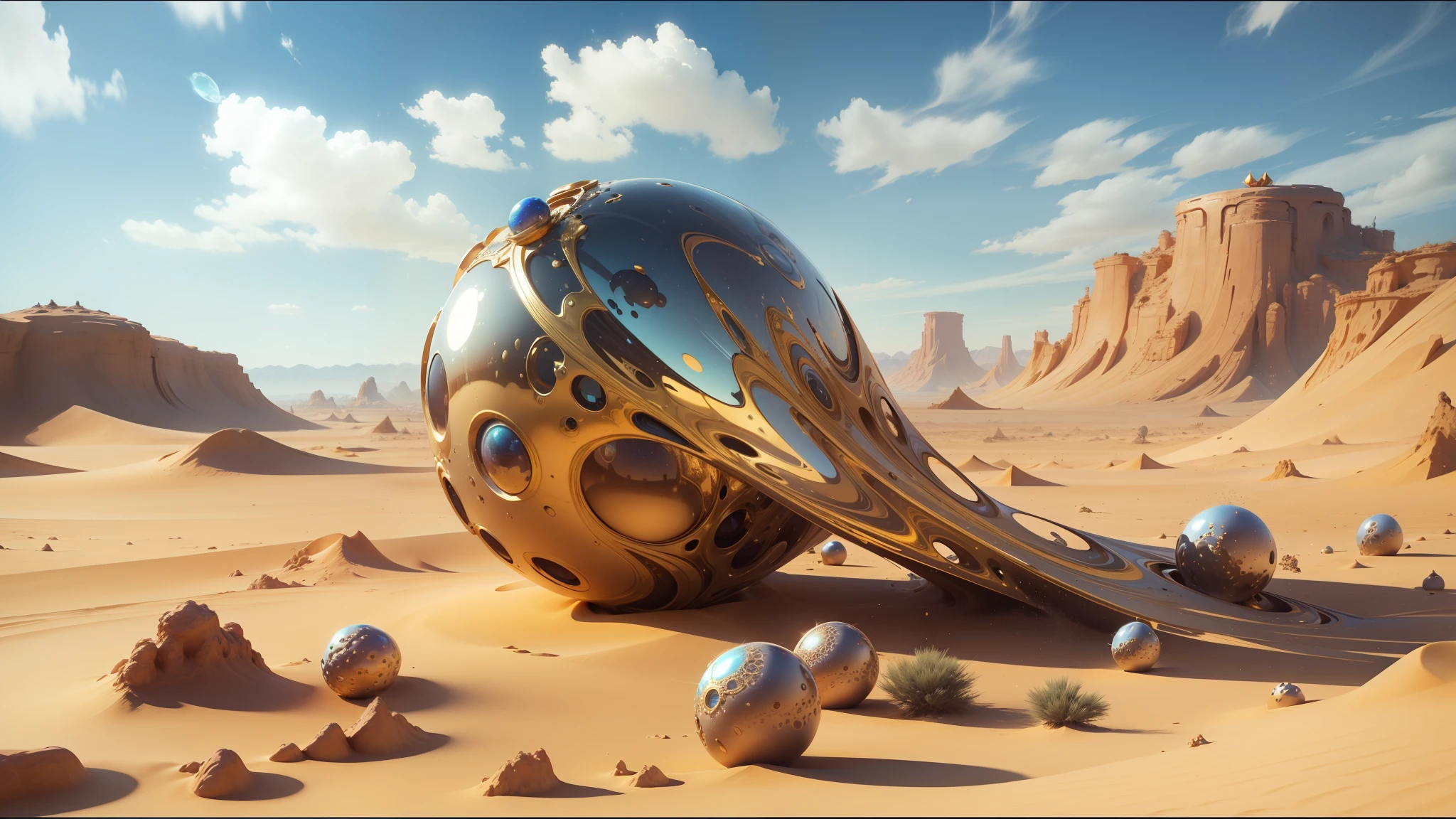 there is a golden object in the middle of a desert, hyperrealistic digital art, inspired by Otto Pilny, cute! c4d, spheres, fluid and dynamic forms, iridescent # imaginativerealism, cgi 8k, liquid metal, beautiful natural forms, procedural --auto --s2