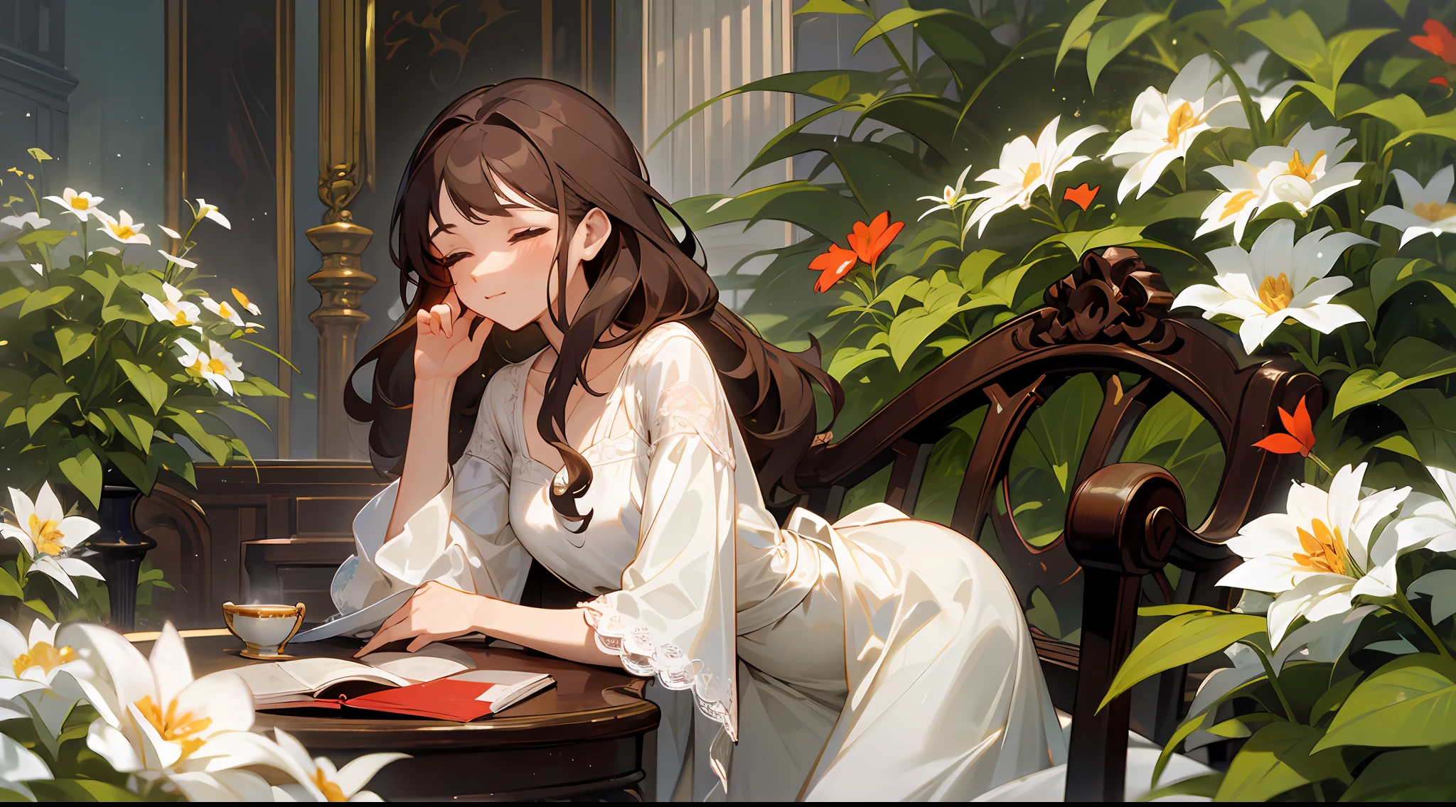 an elegant young woman sitting on a wrought iron bench in the center of a lush garden. The garden should be filled with colorful flowers and greenery, creating a vibrant and serene atmosphere. The woman should have long, flowing brown hair, styled in loose curls that fall gently down her back. She should be wearing a flowing white dress with delicate lace accents, which floats around her as she sits on the bench. In her left hand, the woman should be holding a leather-bound book with gilded pages, as if she were in the middle of reading it. Her right hand should be resting gently on a small, ornate table that is positioned next to the bench. On the table, there should be a vase of freshly cut flowers, with bright red and yellow petals that perfectly complement the surrounding flora. Next to the vase, there should be a small cup of steaming tea, emitting fragrant steam that curls up into the air. The woman should have a serene expression on her face, as if she is completely at peace and enjoying the natural beauty around her. Her eyes should be closed, as if she is savoring the aroma of the flowers and the warm breeze on her skin. The overall image should convey a sense of tranquility and contentment