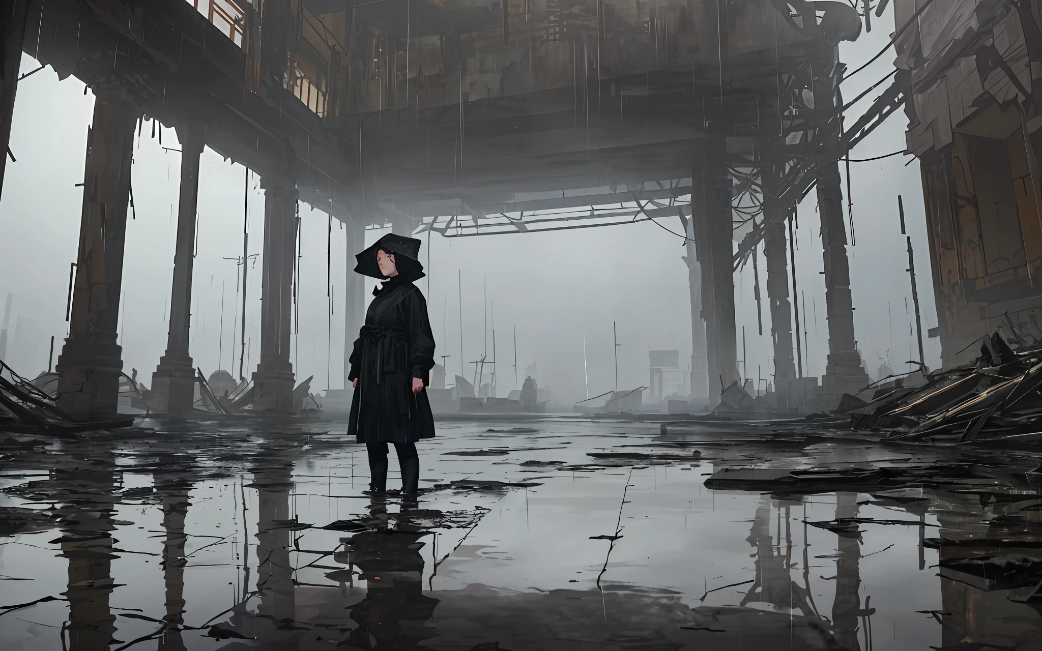 (best quality, masterpiece),( dark sky, heavy rain, inside abandoned temple,a ninja girl stand in rain,reflection on water low water level stagnant water, ), realistic background, 2112, light*_black_particle,