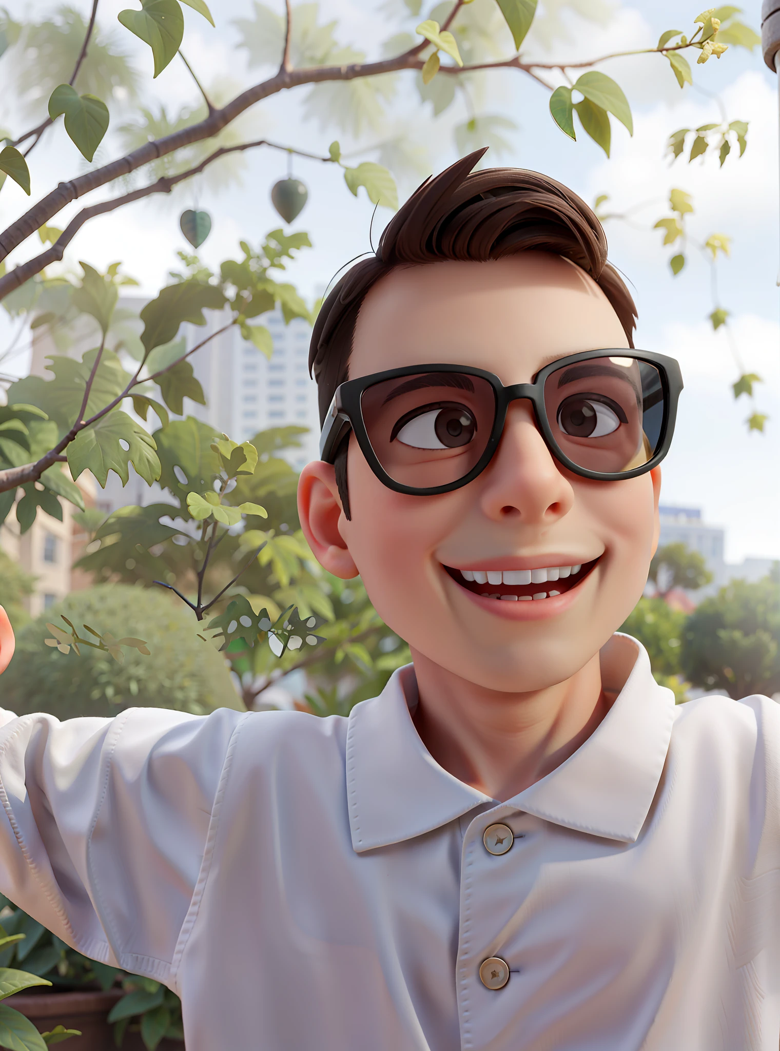 , 3D, wearing black sunglasses, black lenses, smiling