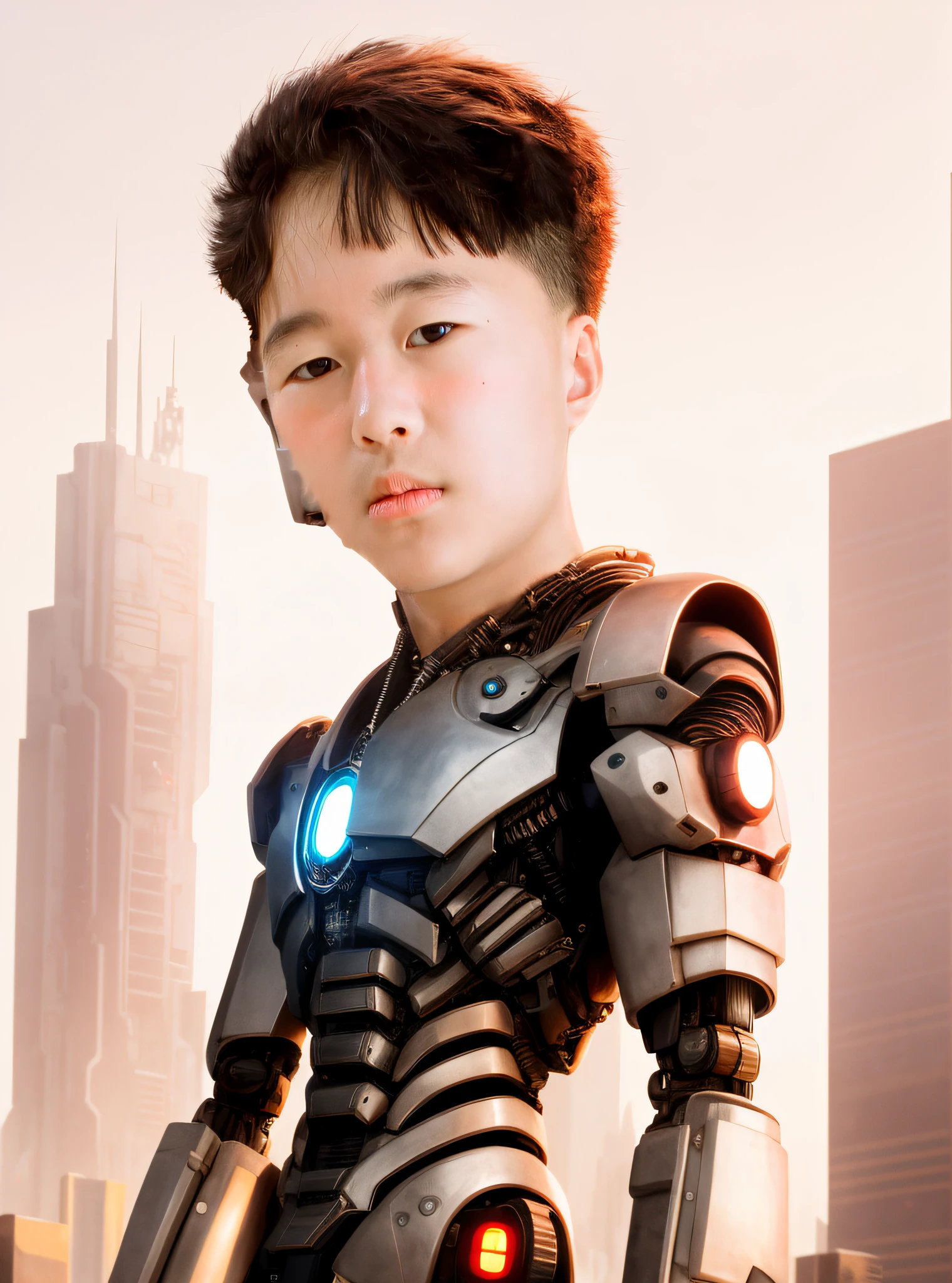 Blade Runner, cyberpunk, futuristic city in background, angular face portrait of a Spanish ninja in a skeleton ceramic caliente mech humanoid robot, with charming handsome features, masculine, piroca, dotado, guapo, reflective surface, overwatch, trends on cgsociety, trends on artstation