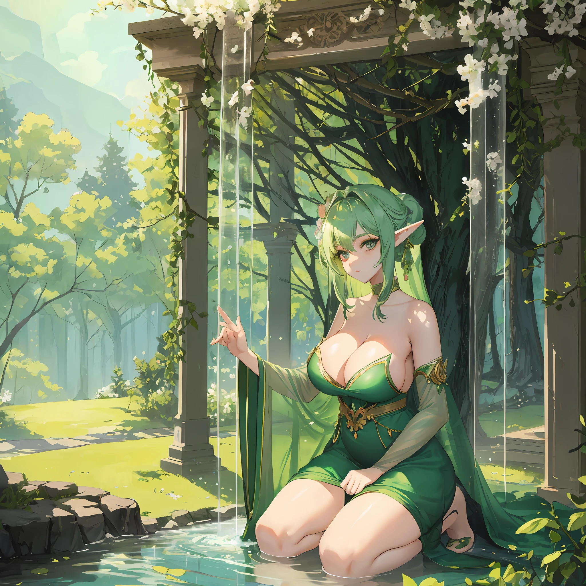 Big elf, green hair, hot figure, big beauty, delicate and beautiful face, full body portrait, big eyes, absolutely beautiful face, big, transparent tulle,  and alluring, surprisingly large bust, kneeling in front of the spring of life