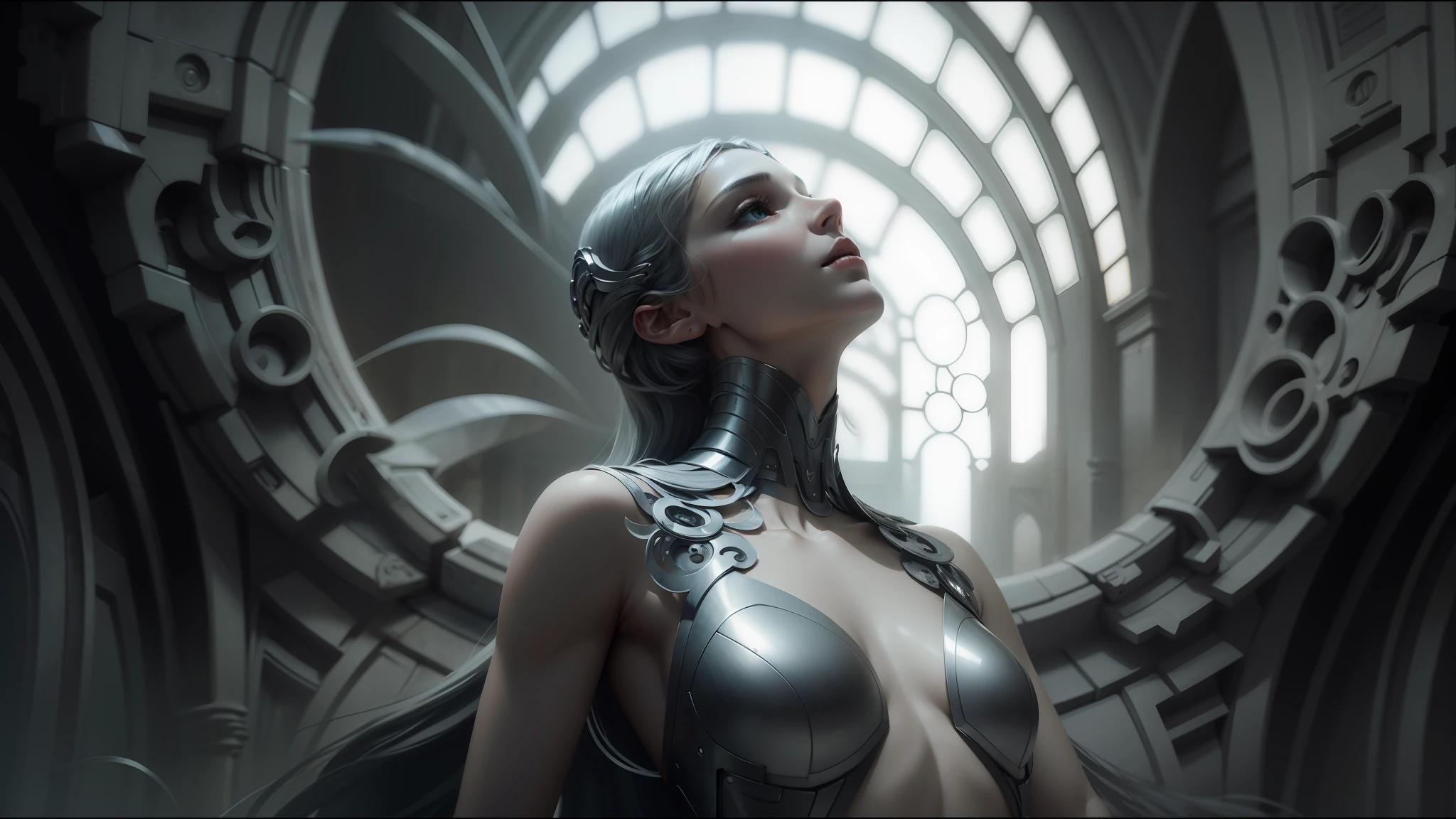 there is a woman in a silver dress standing in a room, organic and robotic, detailed cinematic shot, behance favourite, archangel, chrome cathedrals, inspired by Jan Tengnagel, ash thorp, fan bingbing, anamorphic, by Konstantin Savitsky, behance, eros and thanatos, by Arthur Webster Emerson --ar 16:9 --auto --s2